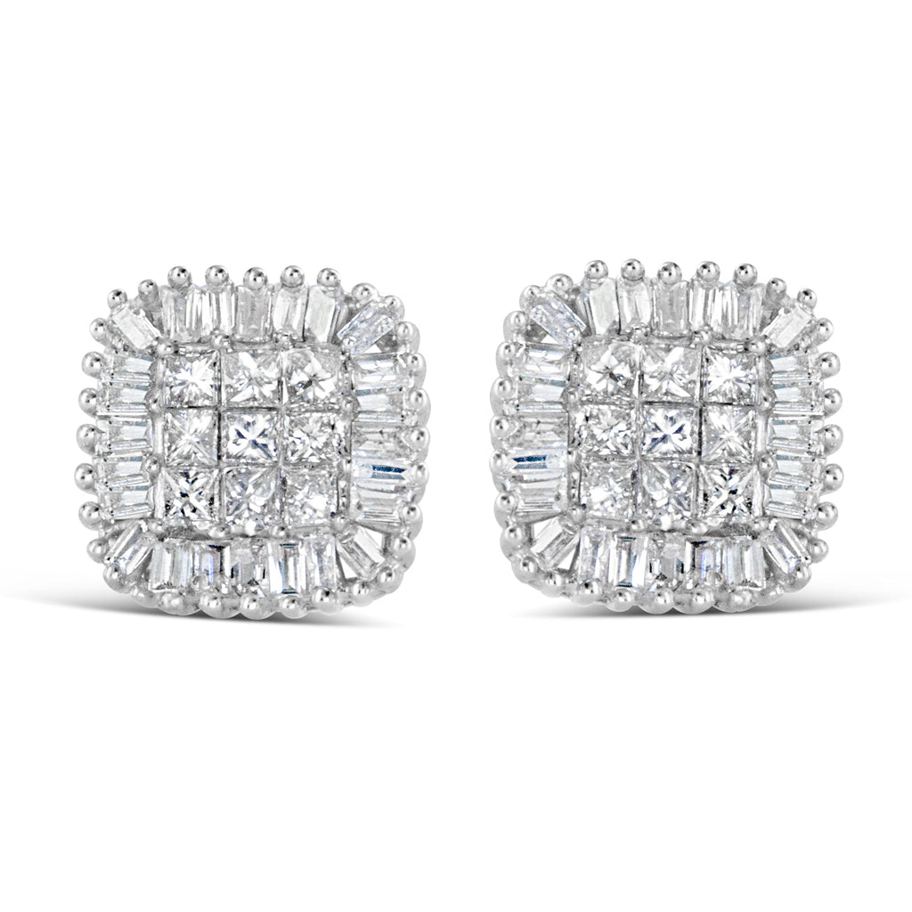 Aretes de oro blanco de 10 quilates de 1/2 ct con diamantes baguette de talla princesa y engaste invisible (color HI, claridad I1-I2) - Friggin Jewelry