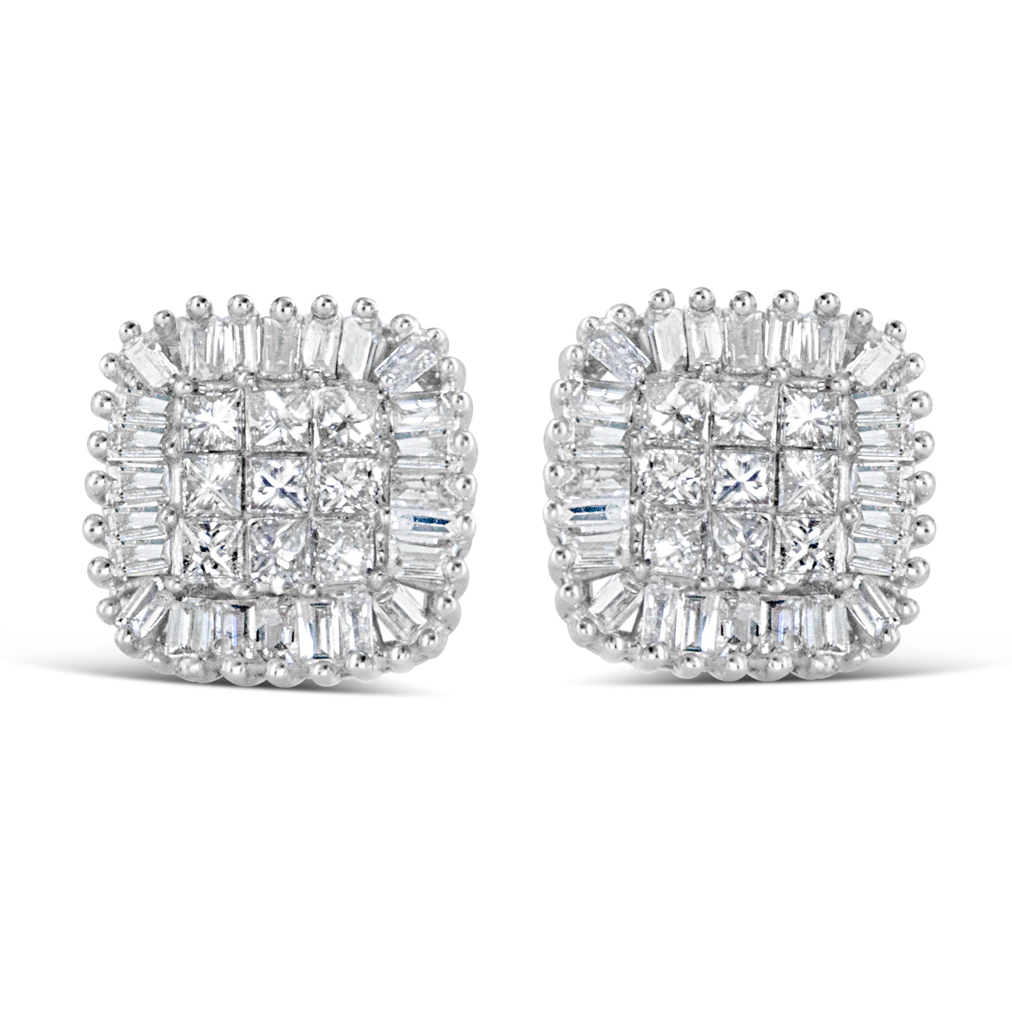 Aretes de oro blanco de 10 quilates de 1/2 ct con diamantes baguette de talla princesa y engaste invisible (color HI, claridad I1-I2) - Friggin Jewelry