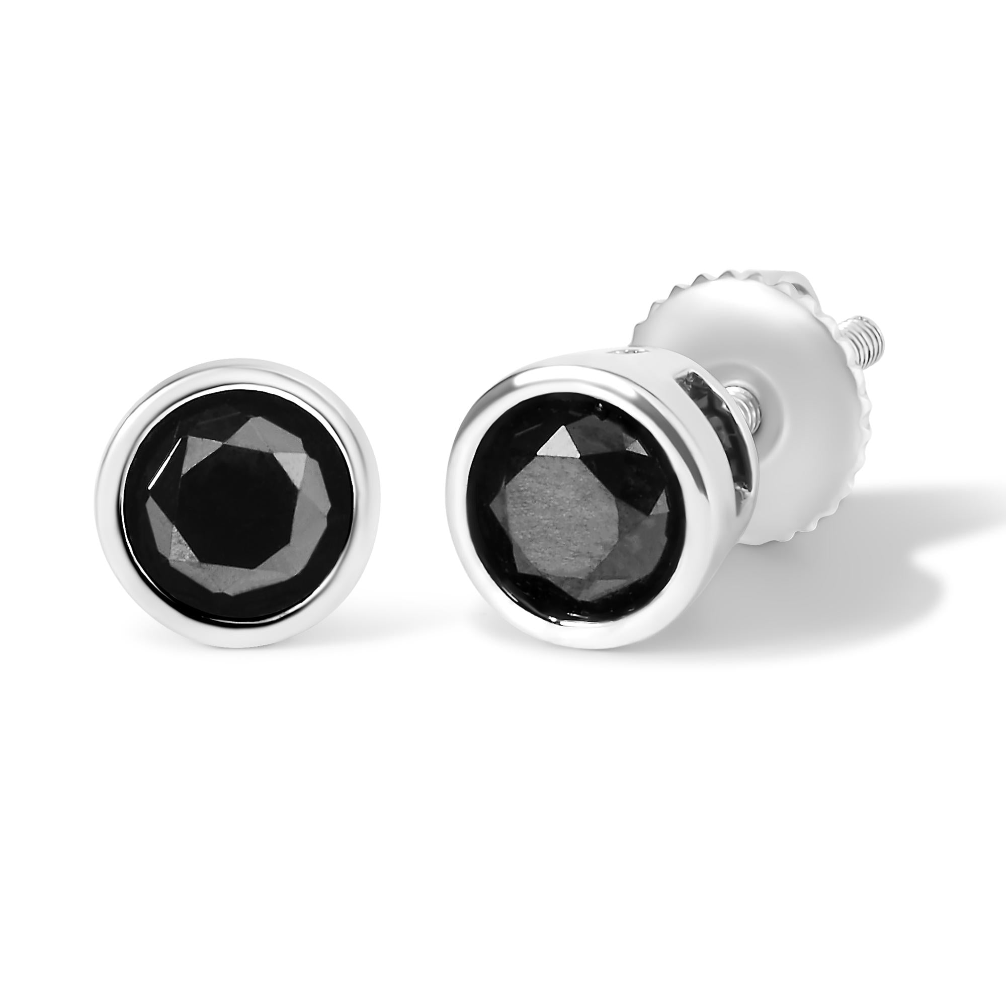 Aretes de plata de ley 925 con diamantes negros redondos de talla brillante, engastados en bisel y cierre de rosca (color elegante, claridad I2-I3) - Friggin Jewelry