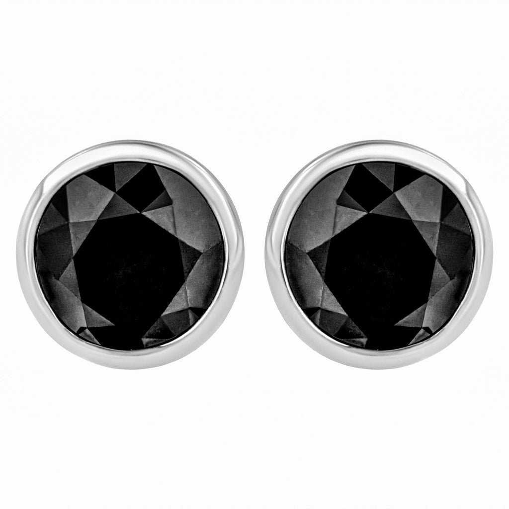 Aretes de oro blanco de 14 quilates con diamantes negros redondos de talla brillante engastados en bisel y cierre de rosca (color fantasía realzado, claridad I2-I3) - Friggin Jewelry