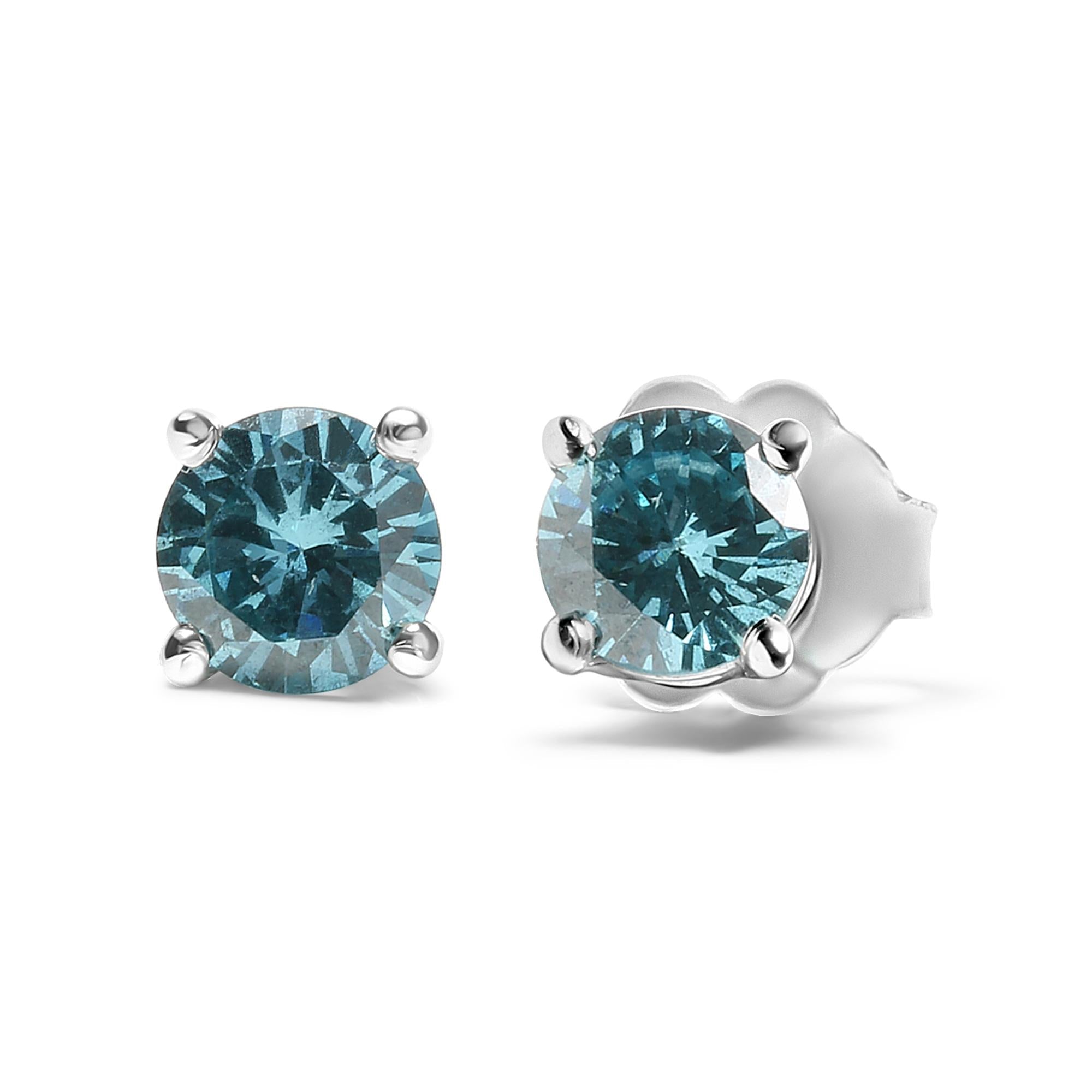 14K Gold 1/2 Cttw Aqua Blue Diamond Screw-Back 4-Prong Classic Stud Earrings (Color Treated, I2-I3) - Friggin Jewelry
