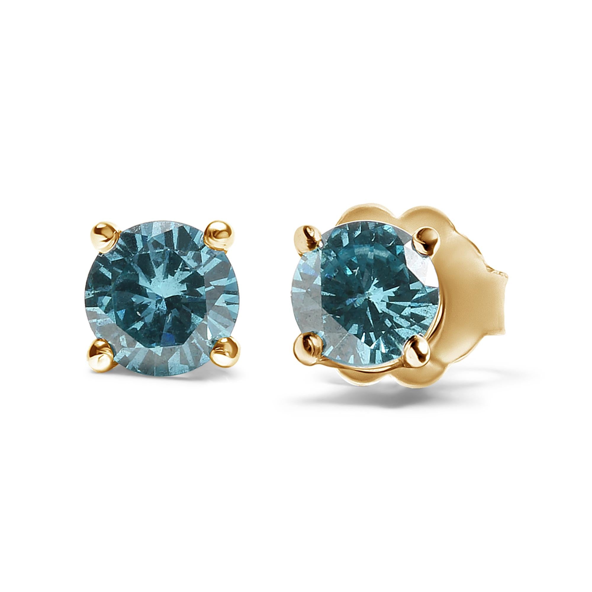 14K Gold 1/2 Cttw Aqua Blue Diamond Screw-Back 4-Prong Classic Stud Earrings (Color Treated, I2-I3) - Friggin Jewelry