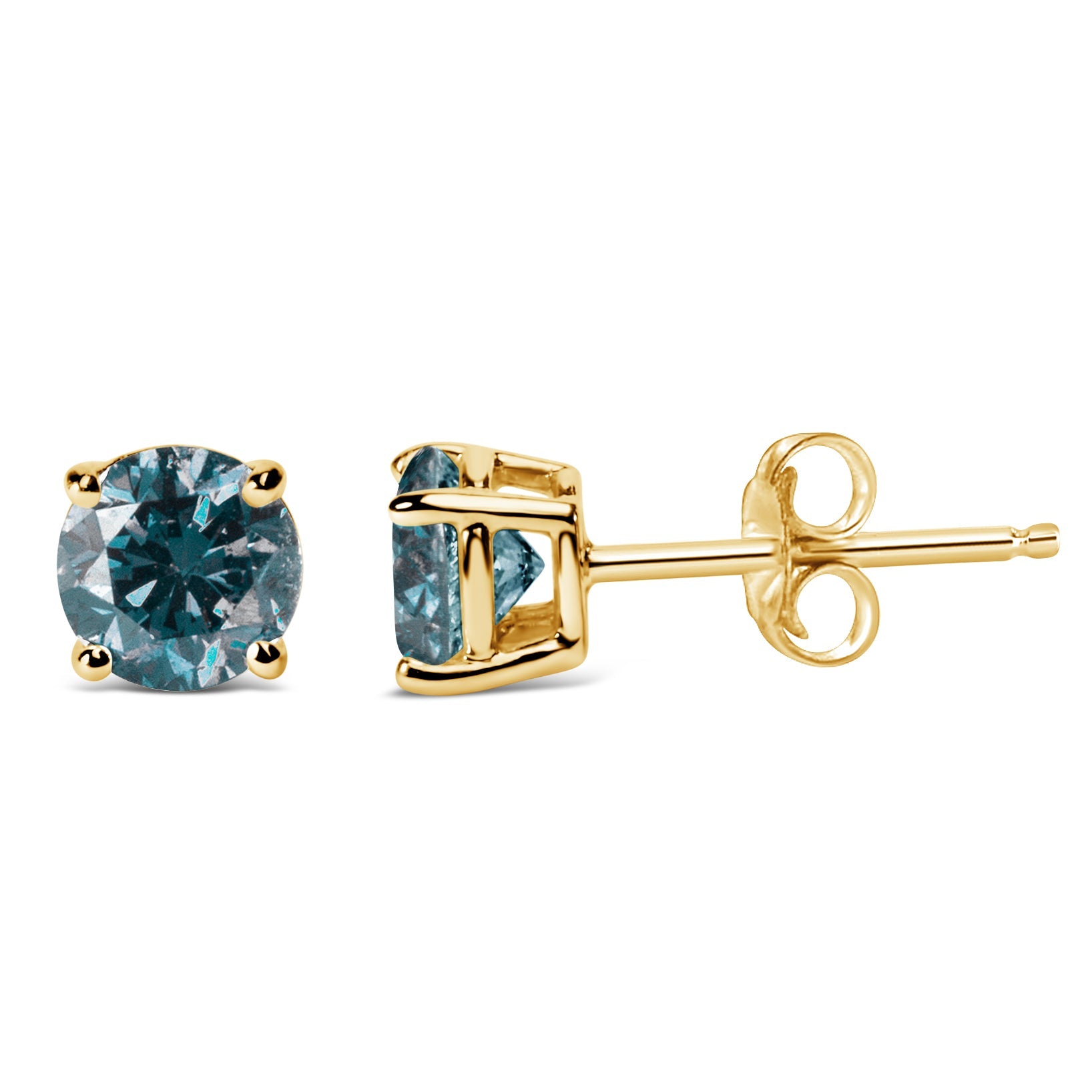 Orecchini a bottone solitario classici a 4 punte con diamanti blu coltivati ​​in laboratorio, taglio brillante rotondo in oro 14 carati con bottoni automatici - Friggin Jewelry