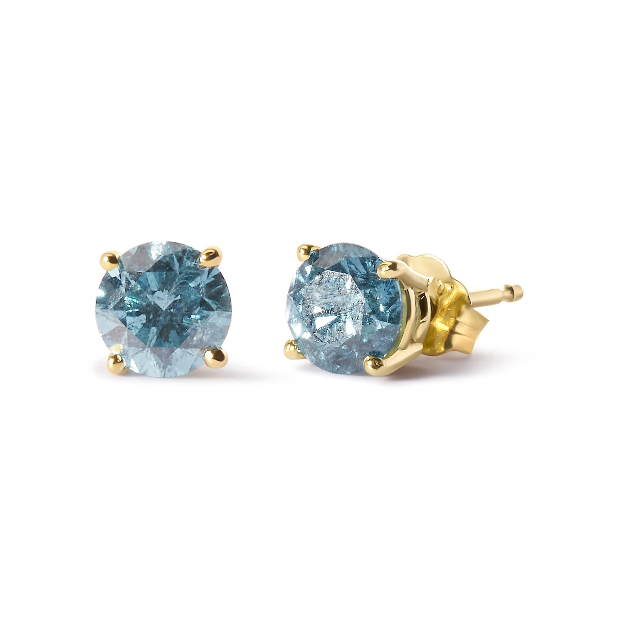 14K Yellow Gold 1.0 Cttw Treated Aqua Blue Diamond Classic Solitaire Stud Earrings (Aqua Blue Color, I2-I3 Clarity) - Friggin Jewelry