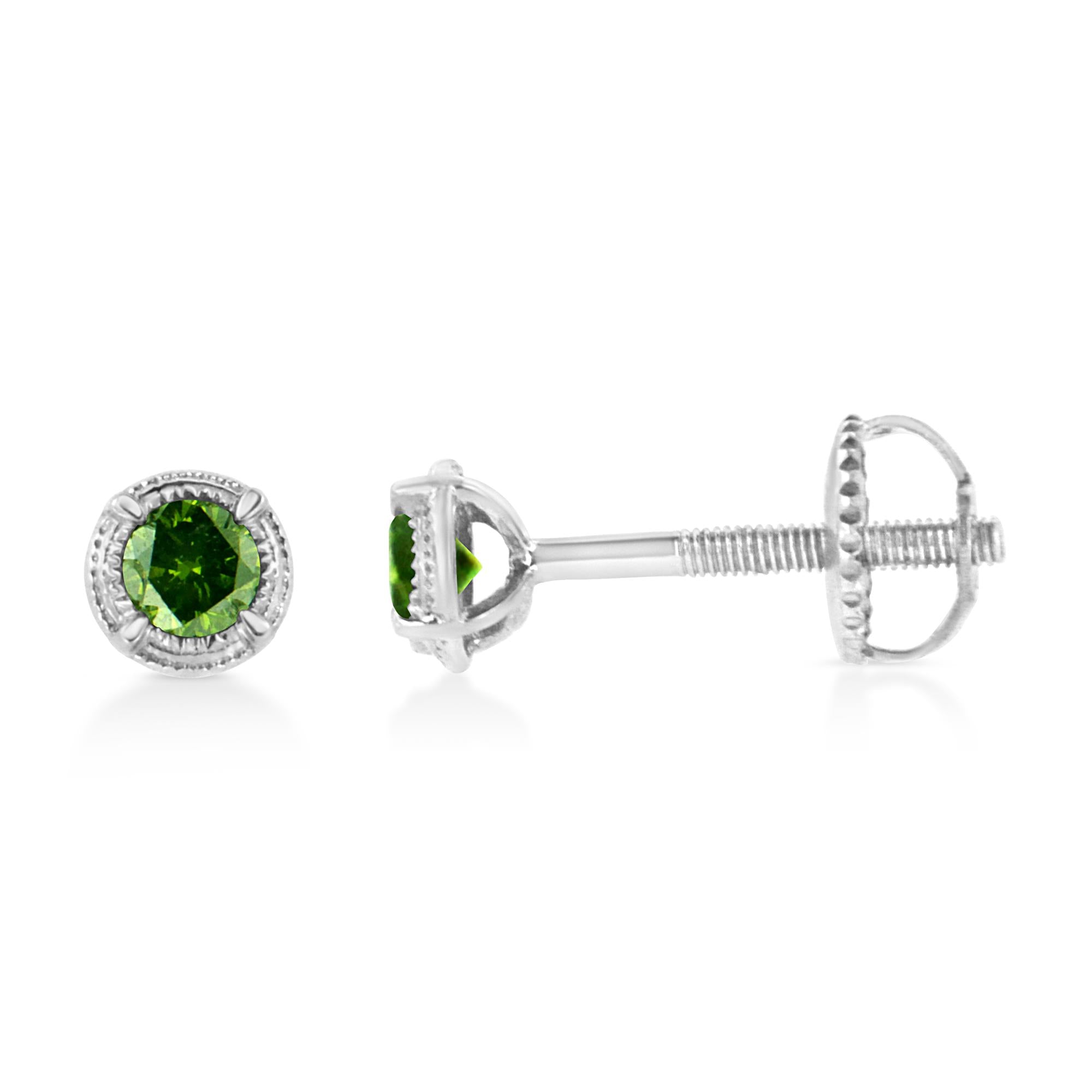 Orecchini a bottone Milgrain moderni a 4 punte con diamanti colorati trattati in argento sterling 925 - Friggin Jewelry