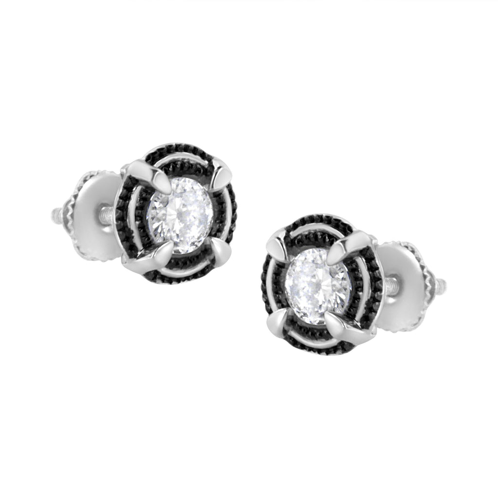 Black Rhodium Plated .925 Sterling Silver Round Diamond Double Halo 4-Prong Solitaire Milgrain Stud Earrings - Friggin Jewelry