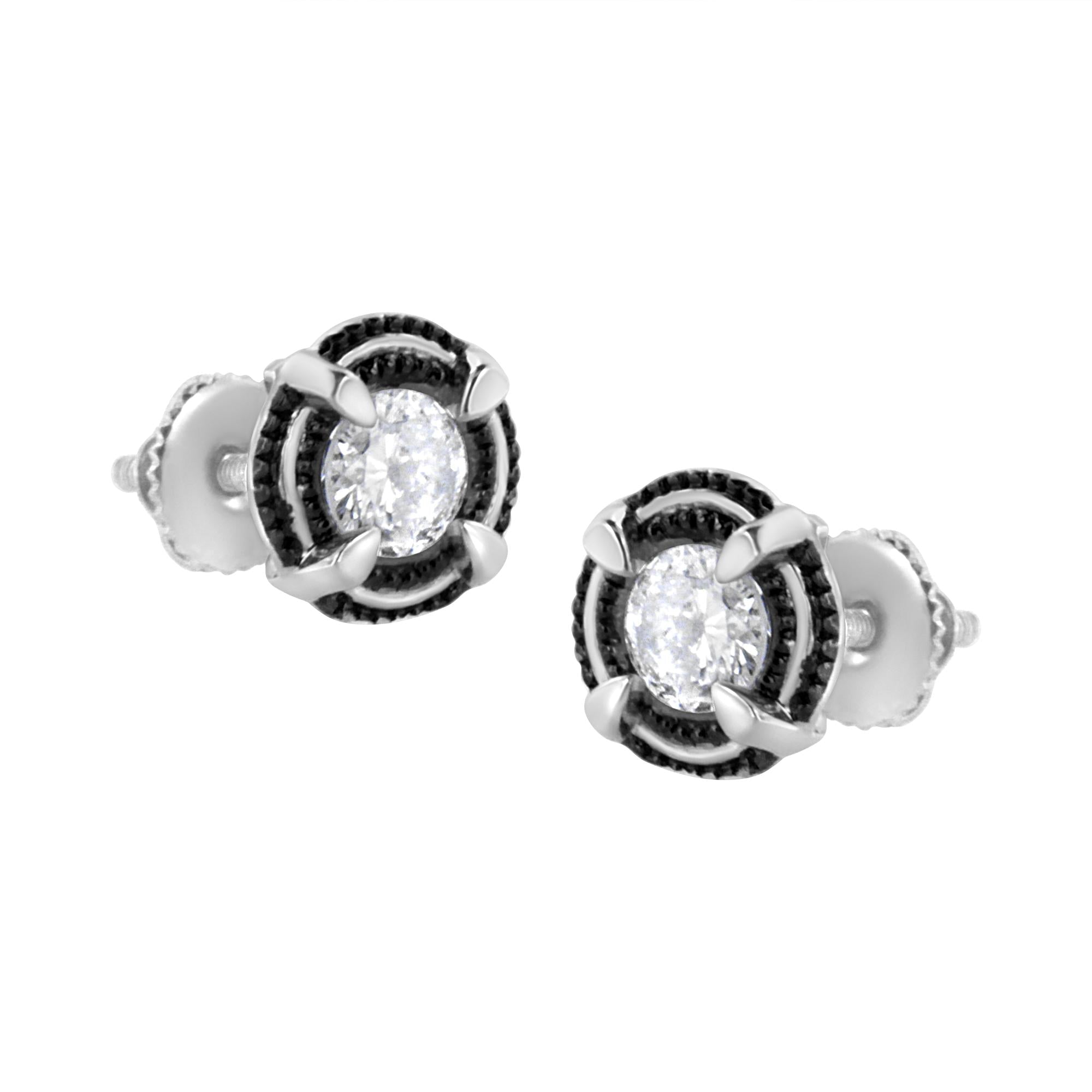 Black Rhodium Plated .925 Sterling Silver Round Diamond Double Halo 4-Prong Solitaire Milgrain Stud Earrings - Friggin Jewelry