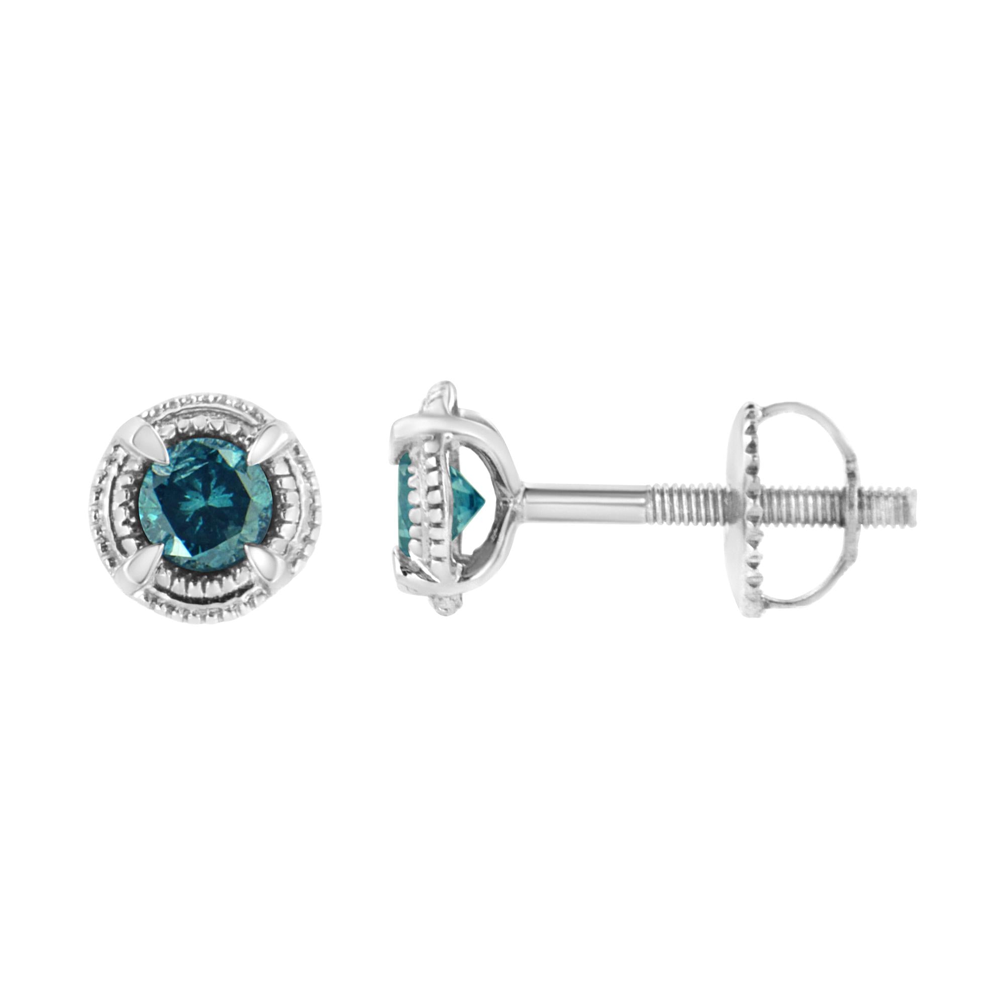 Orecchini a bottone Milgrain moderni a 4 punte con diamanti colorati trattati in argento sterling 925 - Friggin Jewelry