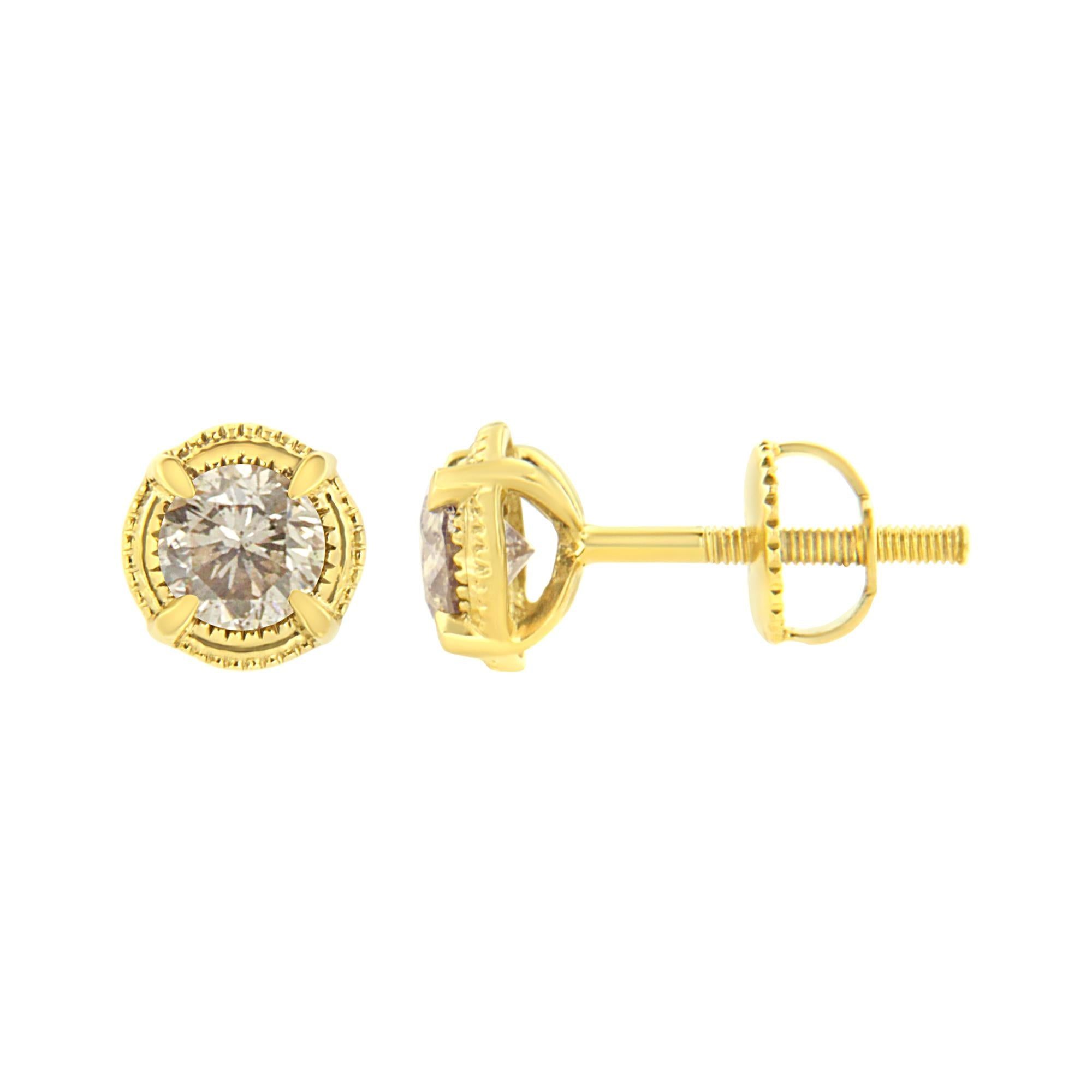.925 Sterling Silver Round Brilliant Cut Diamond Solitaire Milgrain Stud Earrings - Friggin Jewelry