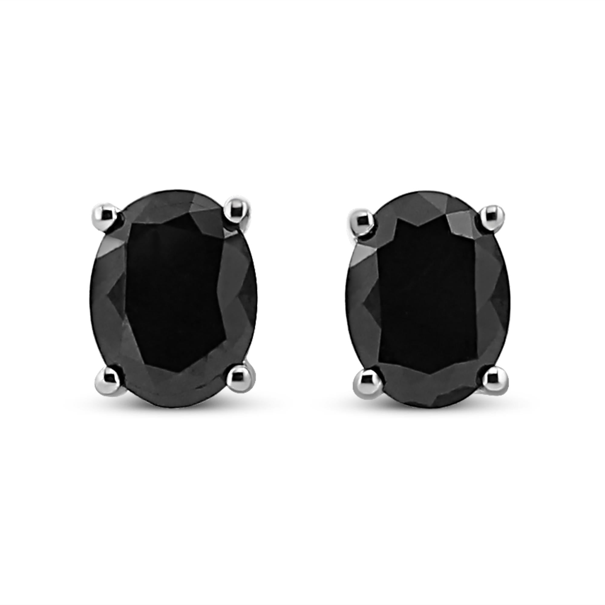 .925 Sterling Silver Prong Set Treated Black Oval Diamond Stud Earring (Black Color, I2-I3 Clarity) - Friggin Jewelry