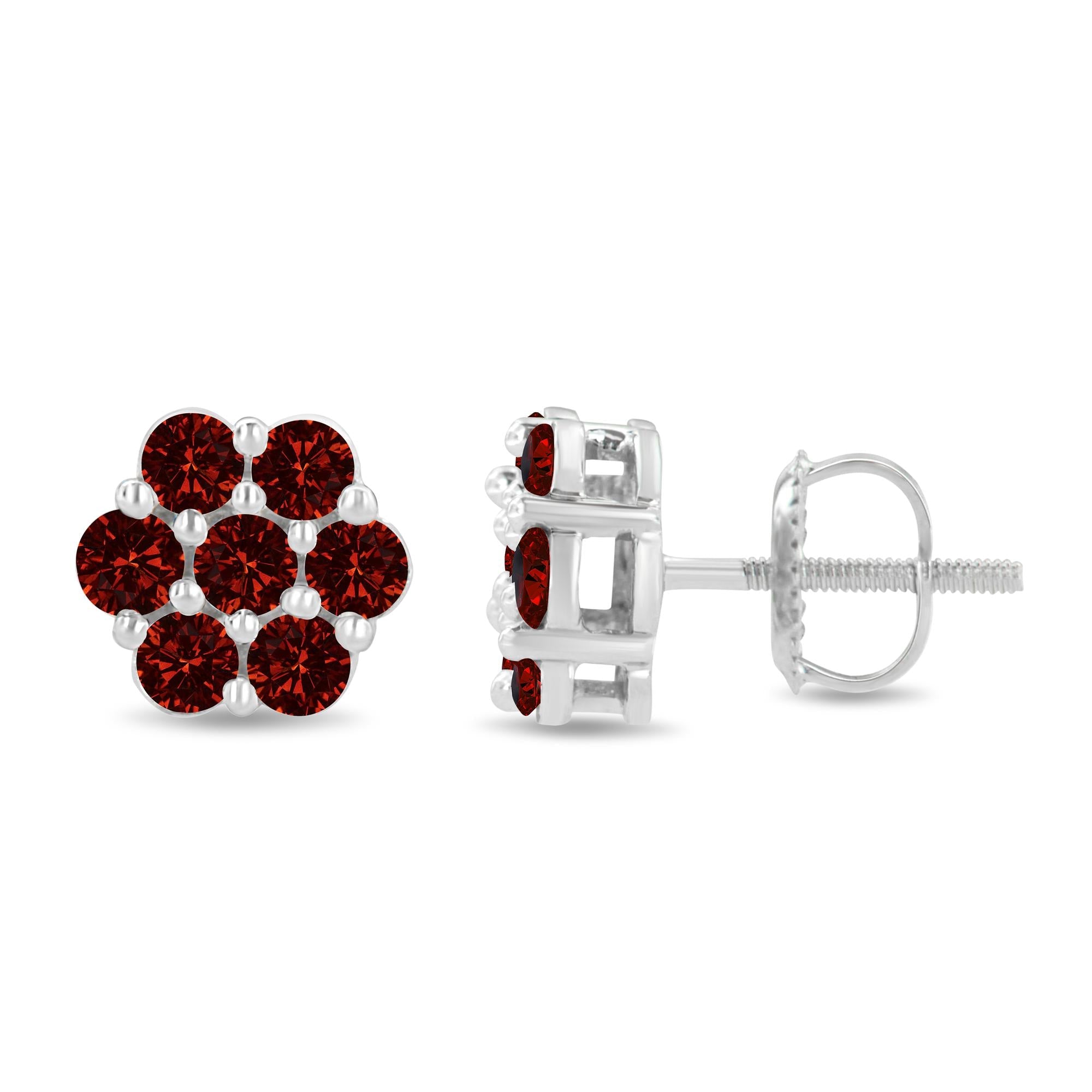 Aretes florales de oro blanco de 14 quilates con diamantes rojos tratados de 1,0 ct y 7 piedras engastadas en garras (color rojo tratado, claridad SI2-I1) - Friggin Jewelry