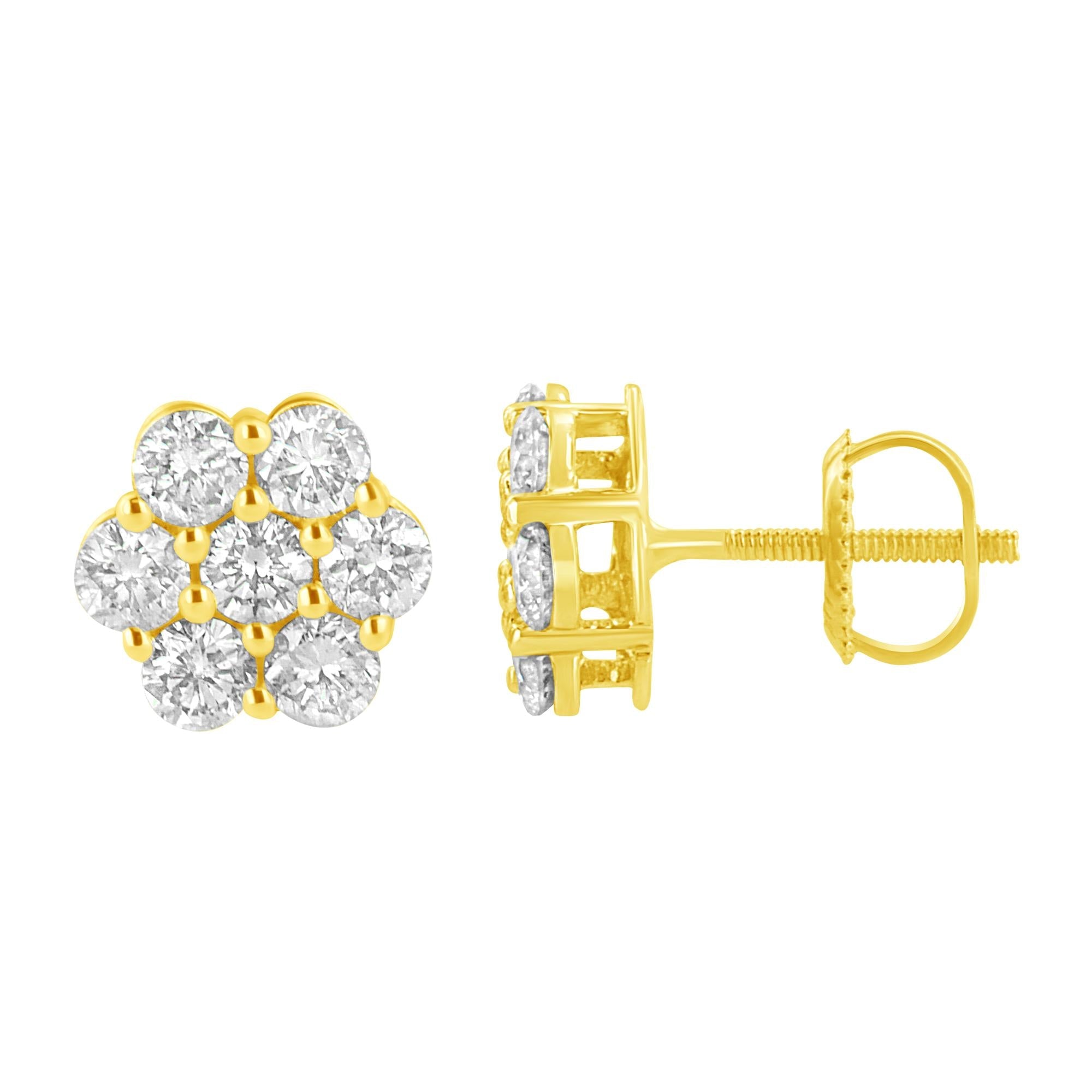 Pendiente de flor de diamantes de 1,0 ct en oro amarillo de 14 quilates (color JK, claridad I1-I2) - Friggin Jewelry