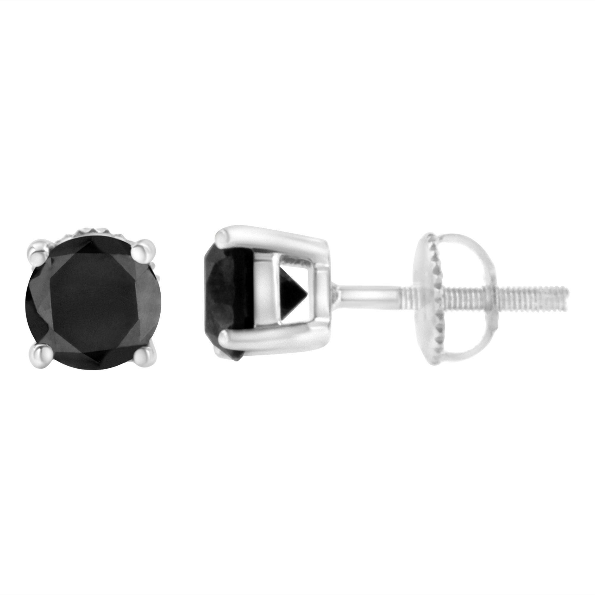 Pendientes clásicos de 4 puntas con diamantes negros de talla brillante redondos y cierre de rosca en plata de ley 925 (color elegante, claridad I2-I3) - Friggin Jewelry