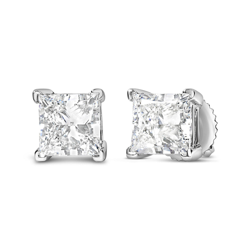 Aretes solitarios de oro blanco de 14 quilates con diamantes cultivados en laboratorio de talla princesa (color FG, claridad VS2-SI1) - Friggin Jewelry