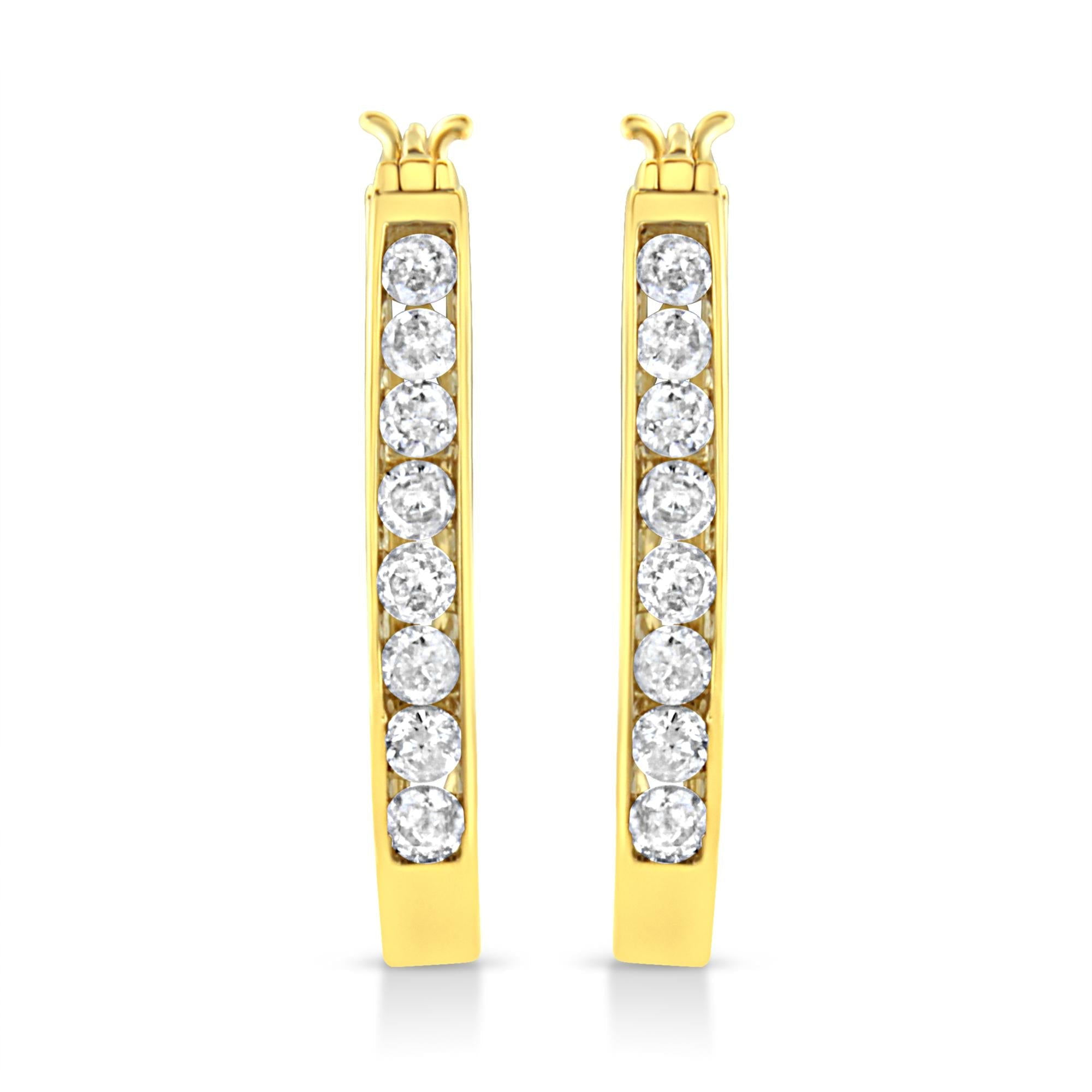 Orecchini a cerchio in argento sterling 925 placcato oro giallo 14k con diamanti taglio brillante da 1,0 ct incastonati a canale (colore JK, purezza I2-I3) - Friggin Jewelry