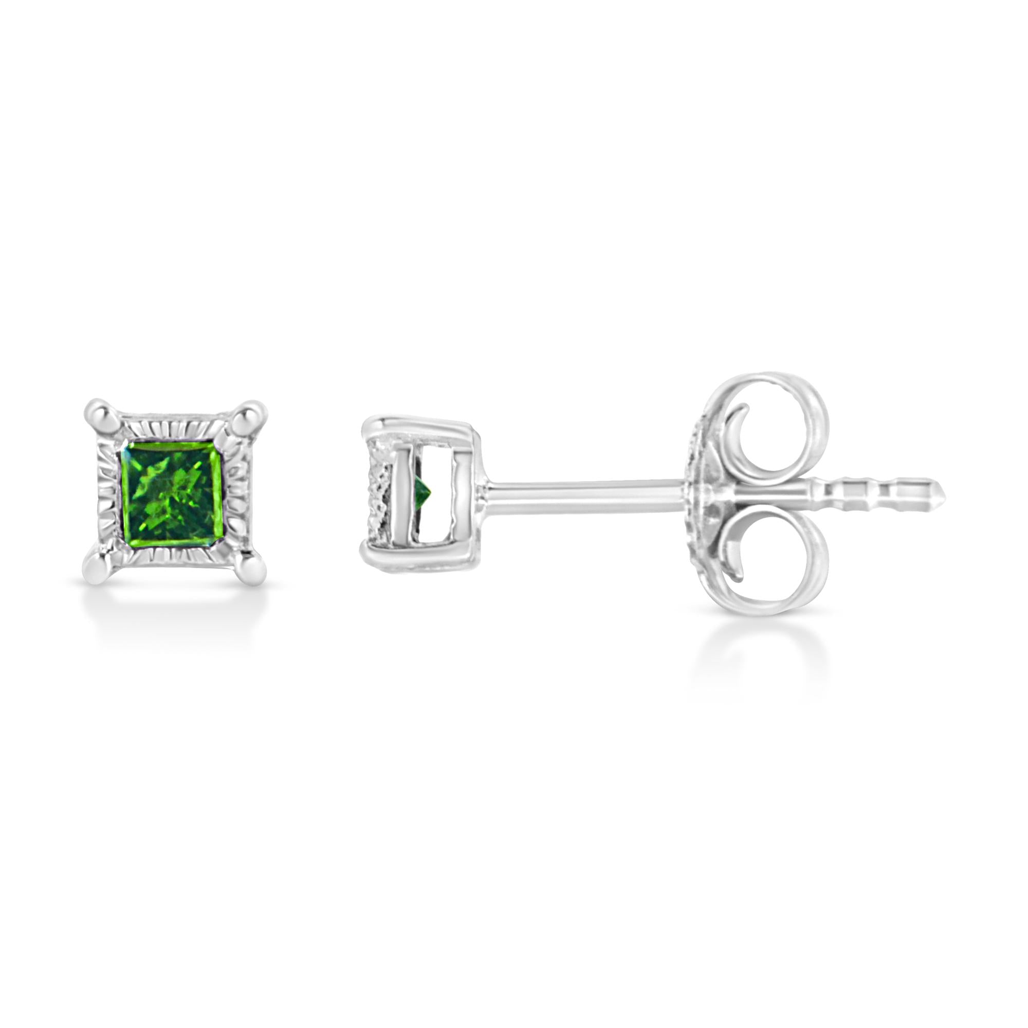 .925 Sterling Silver 1/10 Cttw Miracle Set Princess-Cut Treated Green Diamond Stud Earrings (Green Color, I1-I2 Clarity) - Friggin Jewelry