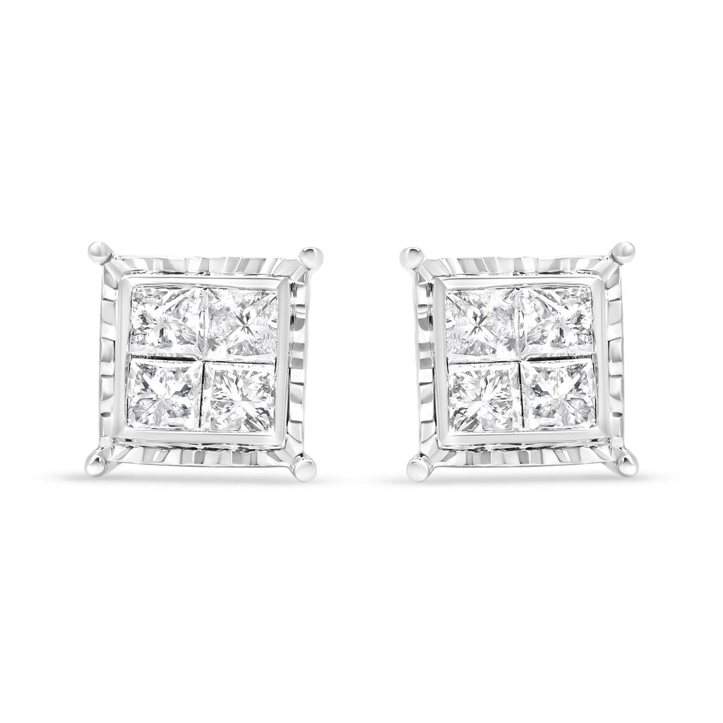 14K White Gold 1 1/2 Cttw Invisible Set Princess-Cut Diamond Contemporary Wavy Quad Stud Earrings (I-J Color, I1-I2 Clarity) - Friggin Jewelry Premium
