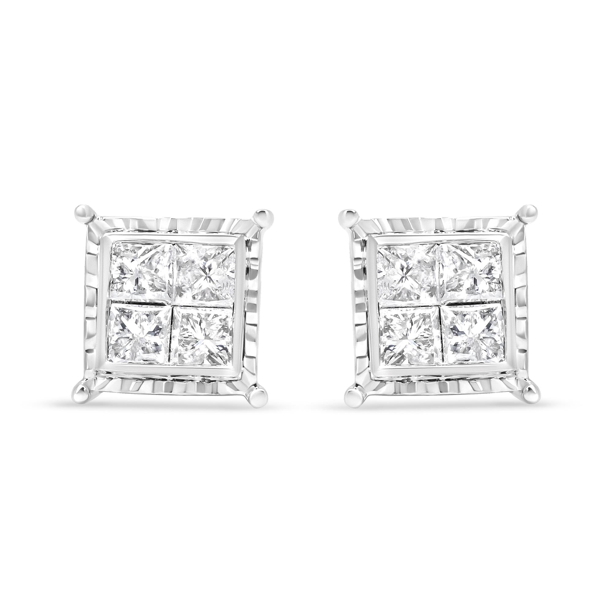 Aretes de oro blanco de 14 quilates con diamantes de talla princesa de 1 1/2 quilates, engastados invisibles, con cuatro ondas contemporáneas (color IJ, claridad I1-I2) - Friggin Jewelry