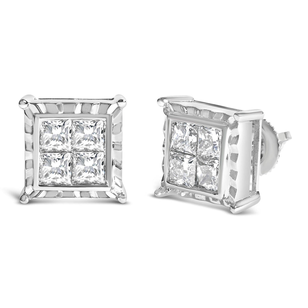 Orecchini a bottone ondulati in oro bianco 14 carati con diamanti taglio principessa da 2,00 ct incastonati in modo invisibile - Friggin Jewelry