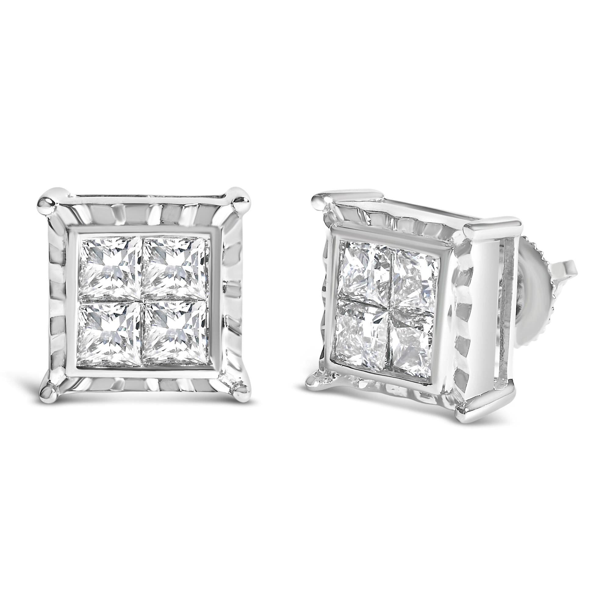 14K White Gold 2.00 Cttw Invisible Set Princess-Cut Lab Grown Diamond Wavy Quad Stud Earrings - Friggin Jewelry Premium