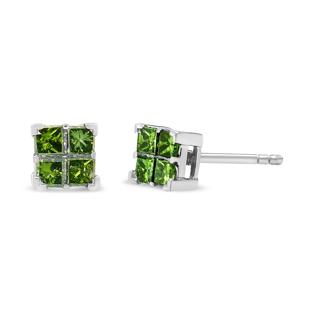 Pendiente de botón compuesto de cuatro piedras con diamantes de talla princesa verde, tratado en plata de ley 925 (color verde, claridad I1-I2) - Friggin Jewelry