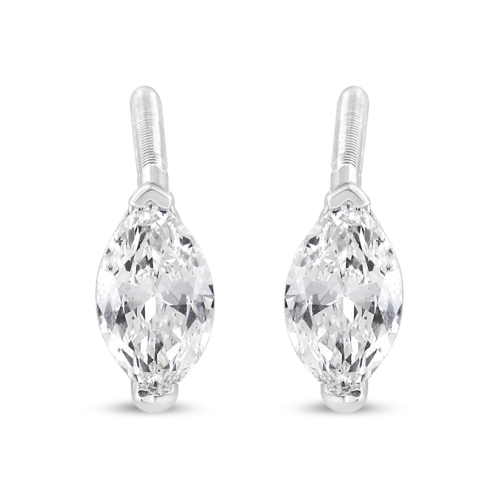 Aretes de oro blanco de 14 quilates con diamantes cultivados en laboratorio, solitarios de talla marquesa de 1/2 quilates y engaste de dos puntas (color FG, claridad VS2-SI1) - Friggin Jewelry