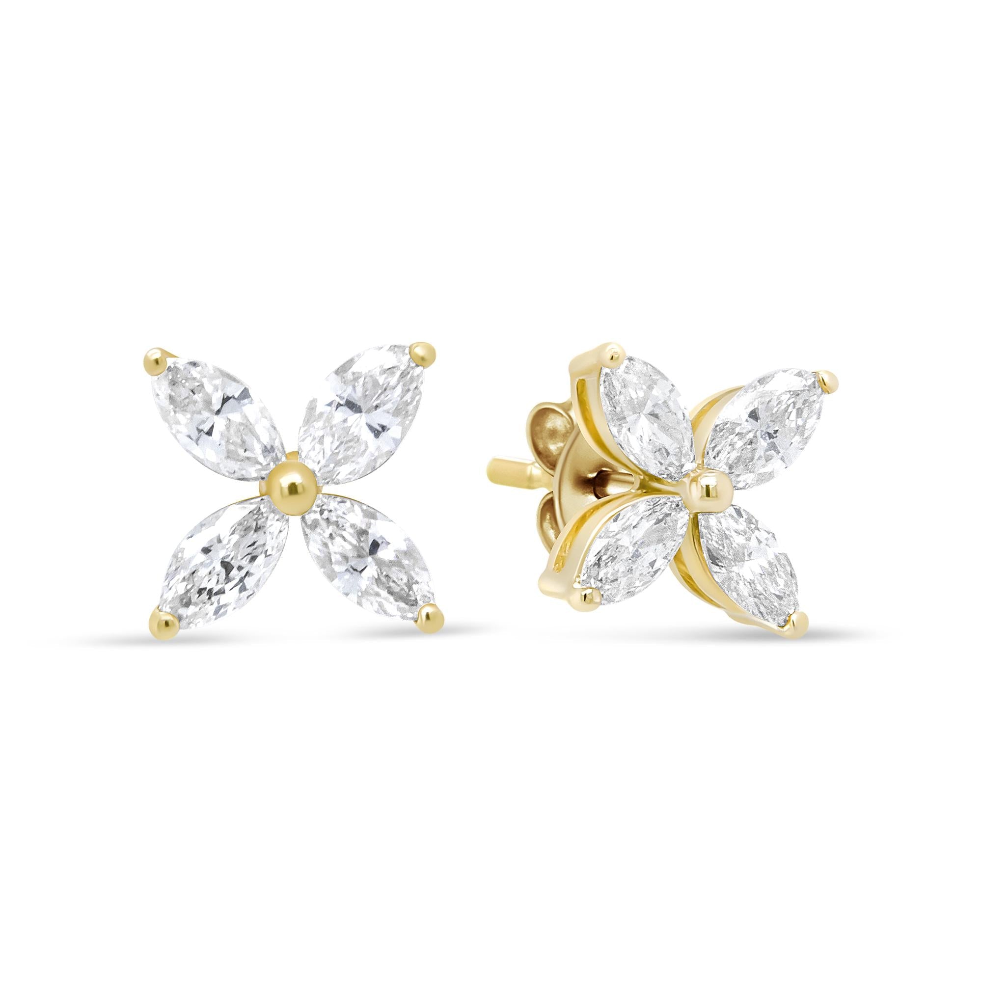 14K Gold Marquise Diamond 8 Stone Floral Leaf Stud Earrings (I-J Color, SI2-I1 Clarity) - Friggin Jewelry