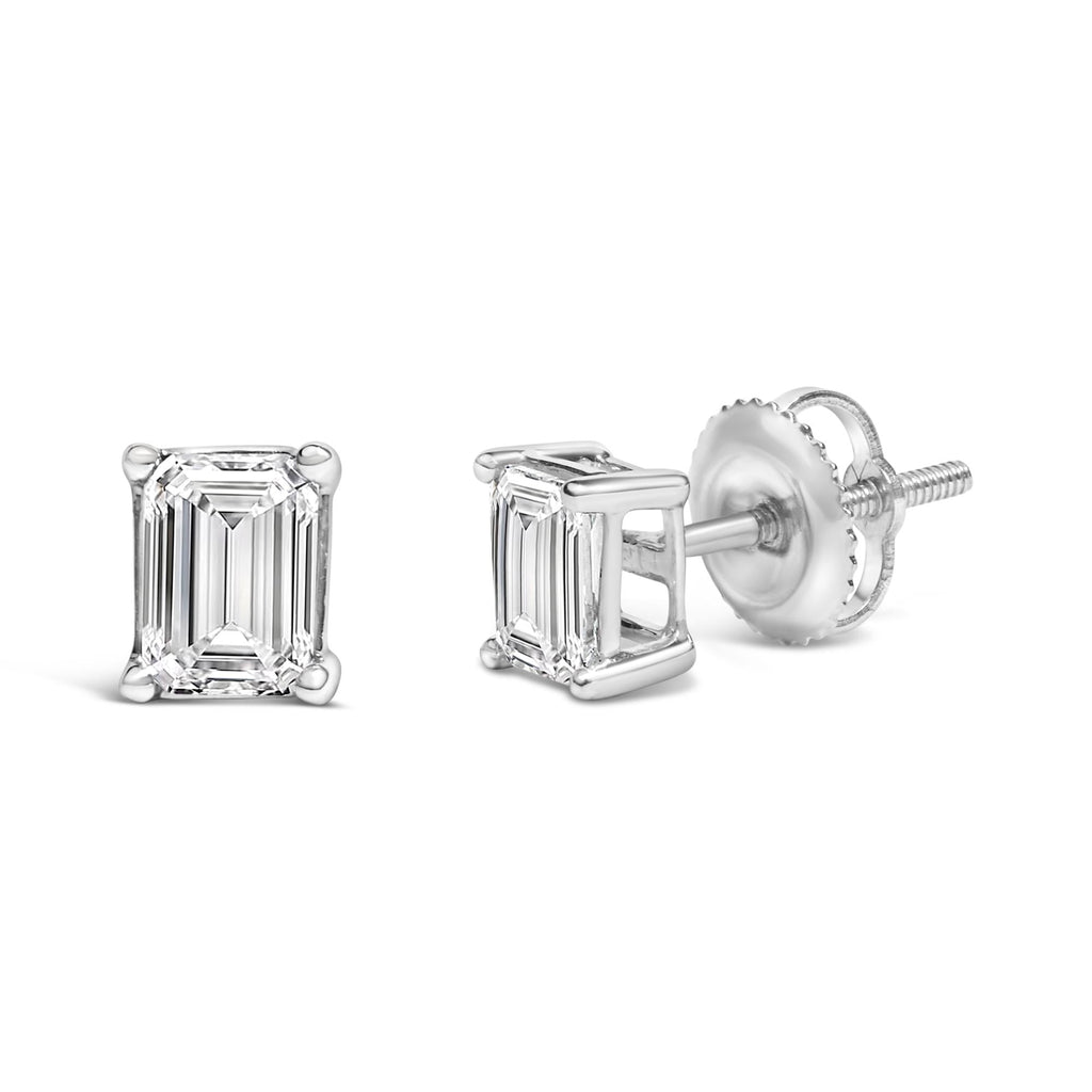 Aretes solitarios de oro blanco de 14 quilates con diamantes cultivados en laboratorio de talla esmeralda (color FG, claridad VS1-VS2) - Friggin Jewelry