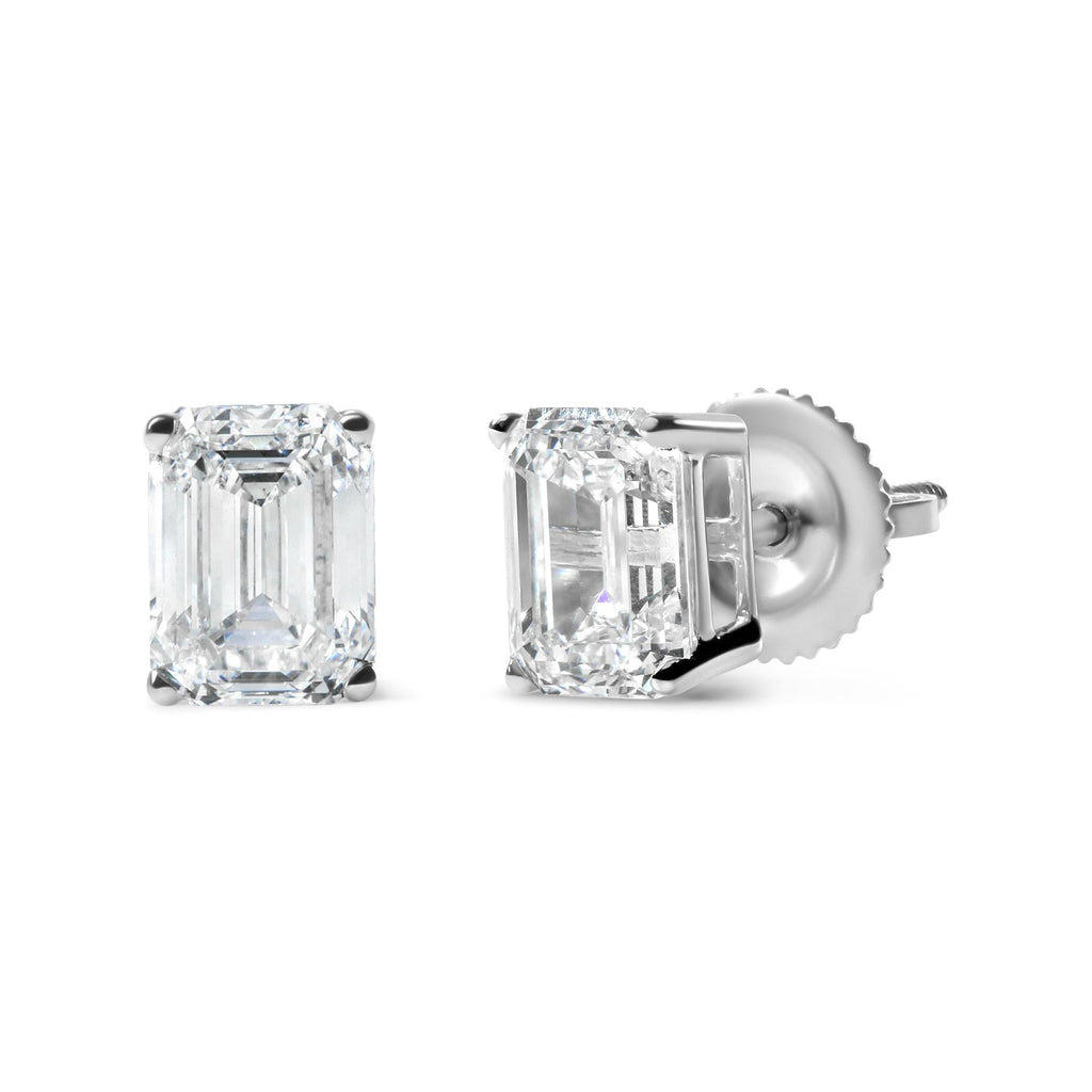 Aretes solitarios de oro blanco de 14 quilates con diamantes cultivados en laboratorio de talla esmeralda de 2,0 quilates (color GH, claridad VS1-VS2) - Friggin Jewelry