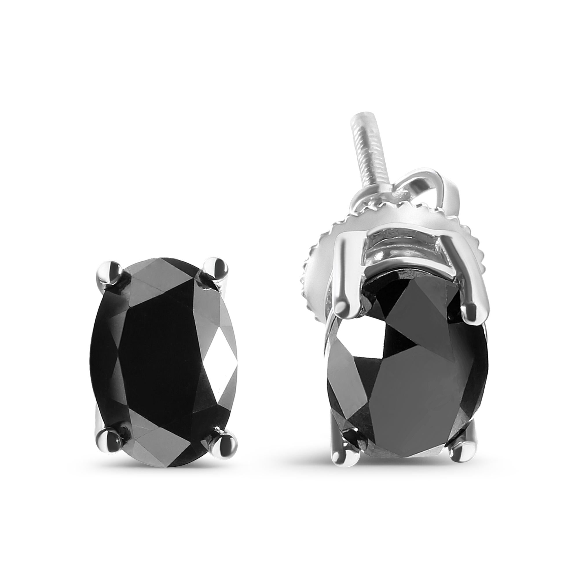 Aretes solitarios de oro blanco de 14 quilates con diamante negro de talla ovalada de 3,00 quilates (color negro, claridad I2-I3) - Friggin Jewelry