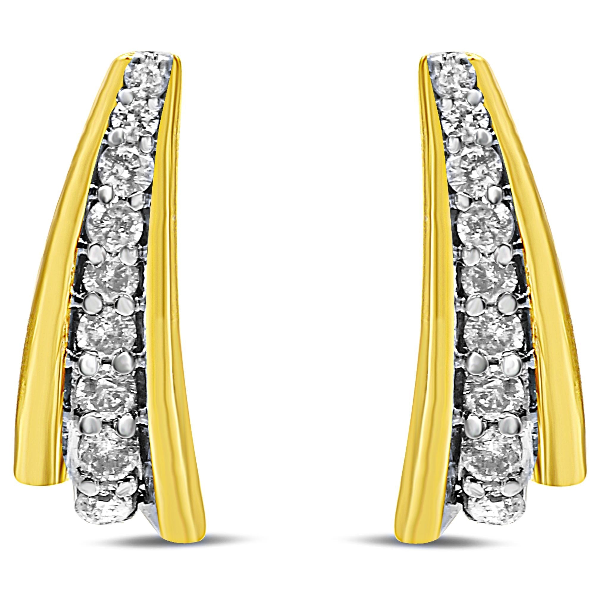 10K Yellow Gold Plated .925 Sterling Silver 0.50 Cttw Round Diamond Graduated Huggie Earrings (I-J Color, I2-I3 Clarity) - Friggin Jewelry