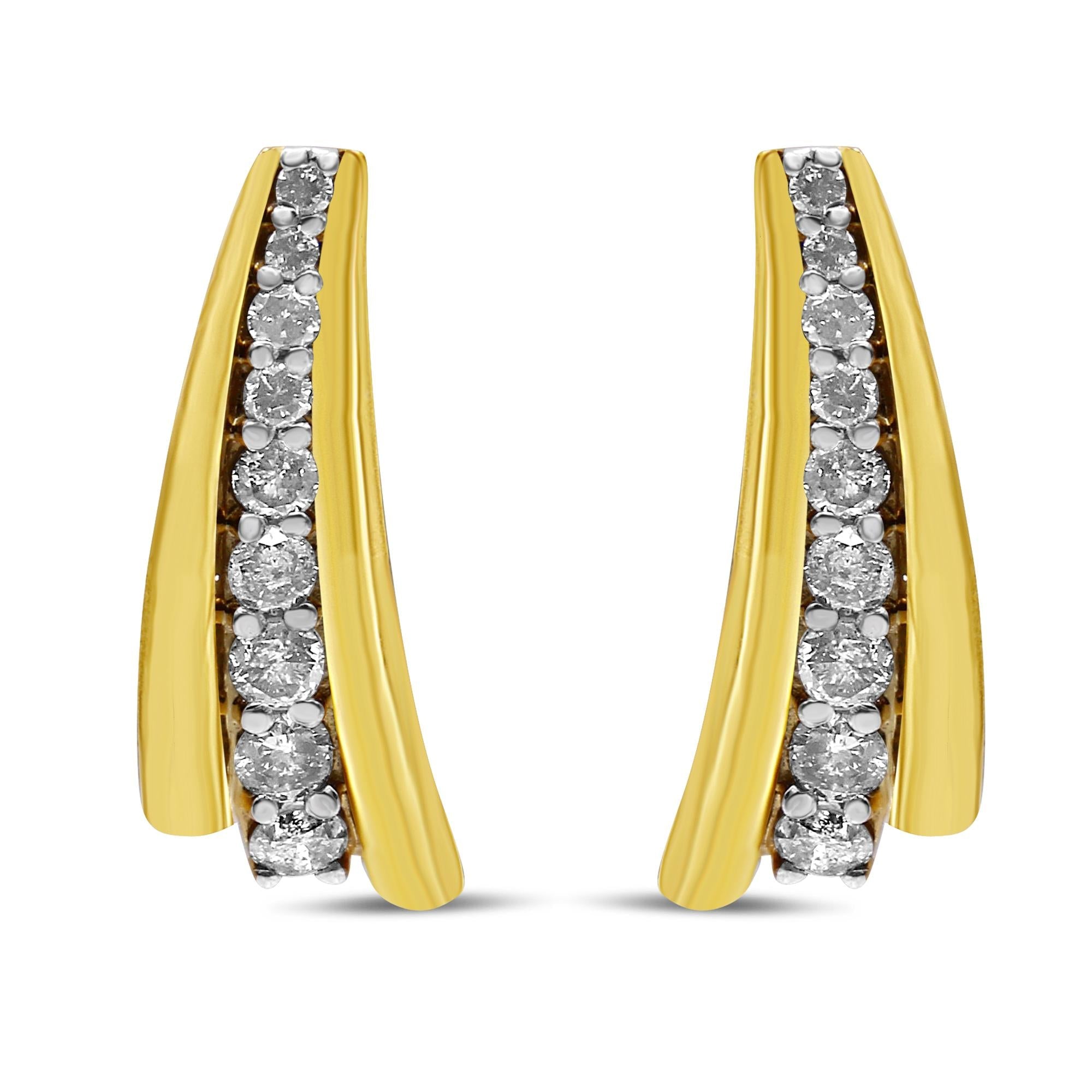 10K Yellow Gold Plated .925 Sterling Silver 1.00 Cttw Round Diamond Graduated Huggie Stud Earrings (I-J Color, I2-I3 Clarity) - Friggin Jewelry