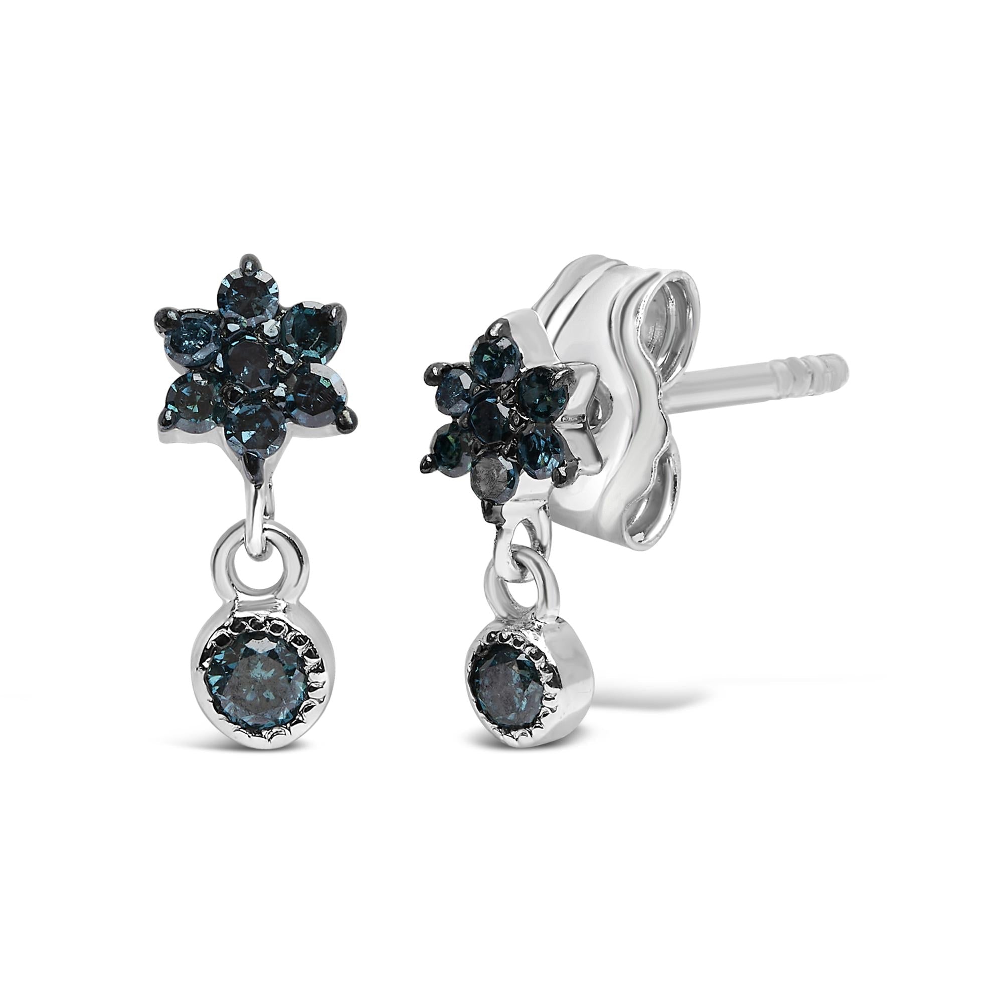 Pendientes colgantes de estrella con bisel y diamantes azules de 1/10 quilates en plata de ley 925 (color azul, claridad I2-I3) - Friggin Jewelry