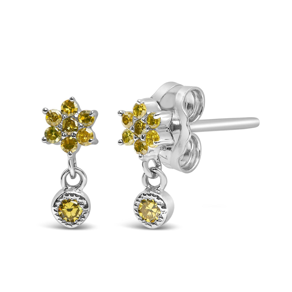 .925 Sterling Silver 1/10 Cttw Yellow Diamond Star Stud with Bezel Drop Dangle Earrings (Yellow Color, I2-I3 Clarity) - Friggin Jewelry