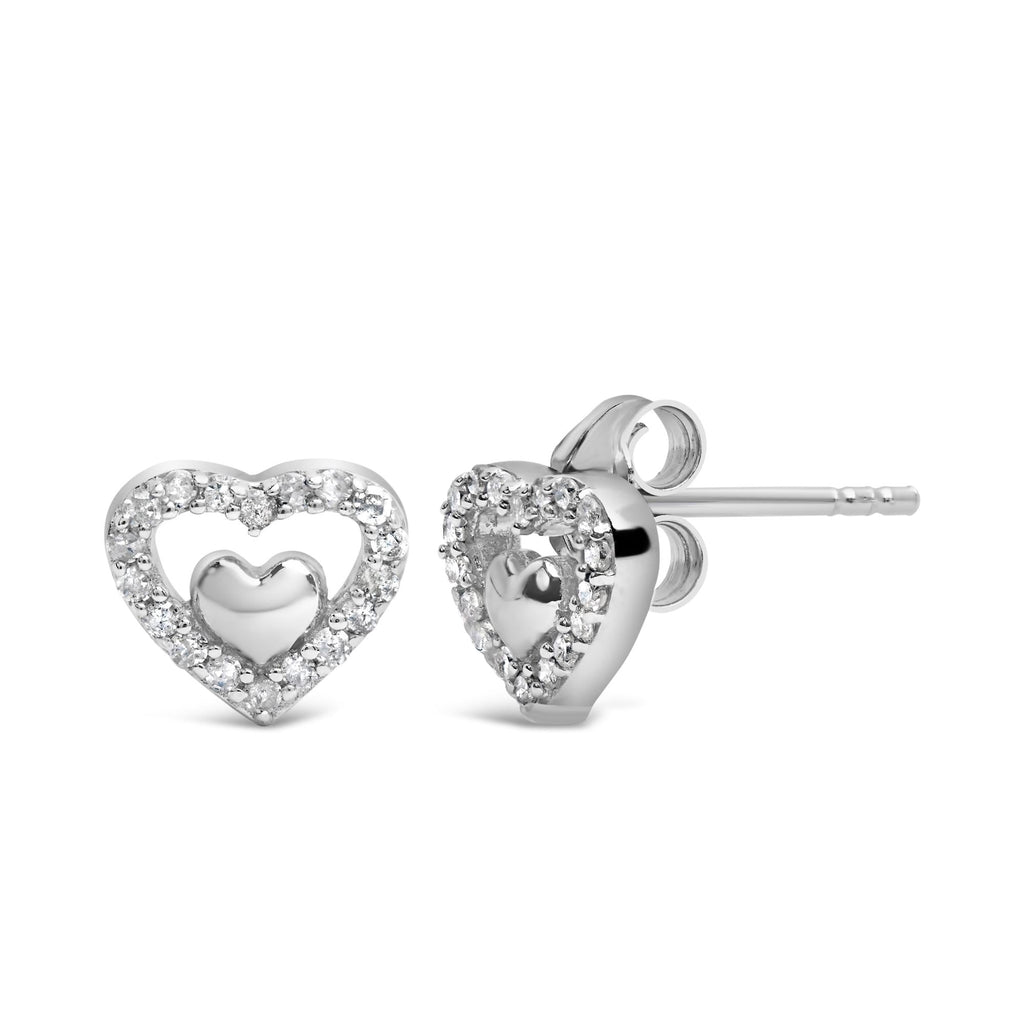 Pendientes de botón con doble corazón abierto de diamantes de 1/6 quilates en plata de ley 925 (color del diamante a elegir) - Friggin Jewelry