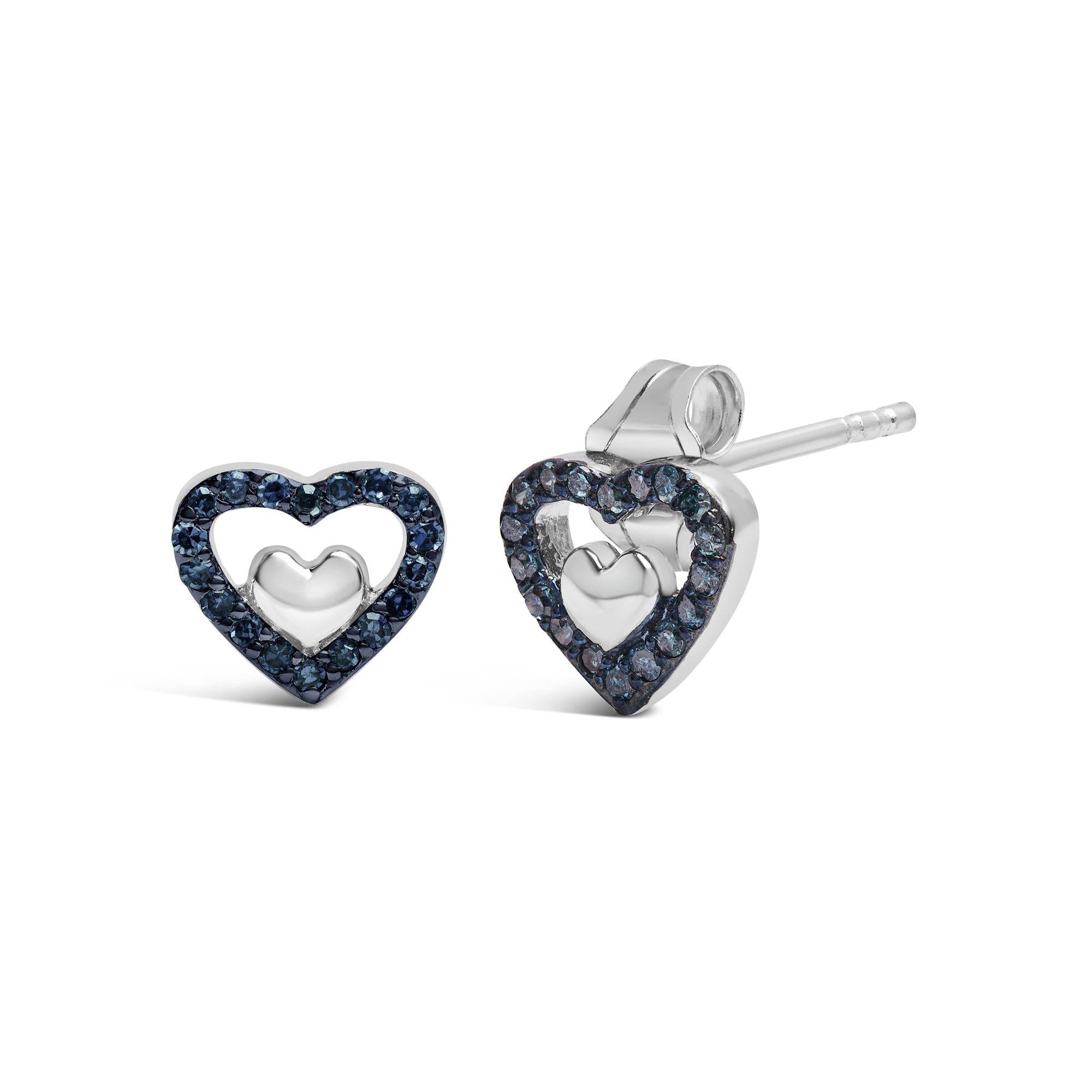 Pendientes de botón con doble corazón abierto de diamantes de 1/6 quilates en plata de ley 925 (color del diamante a elegir) - Friggin Jewelry