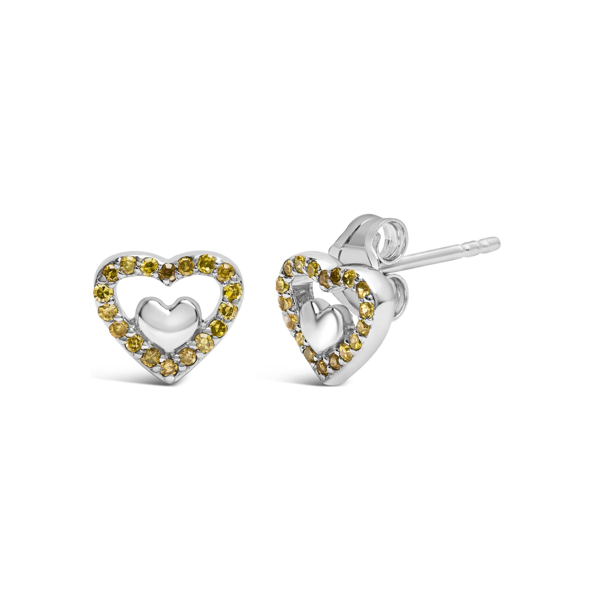 Pendientes de botón con doble corazón abierto de diamantes de 1/6 quilates en plata de ley 925 (color del diamante a elegir) - Friggin Jewelry