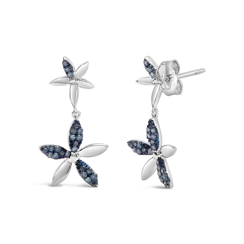 Pendientes colgantes de doble estrella con diamantes azules de 1/5 ct en plata de ley 925 (color azul, claridad SI1-SI2) - Friggin Jewelry