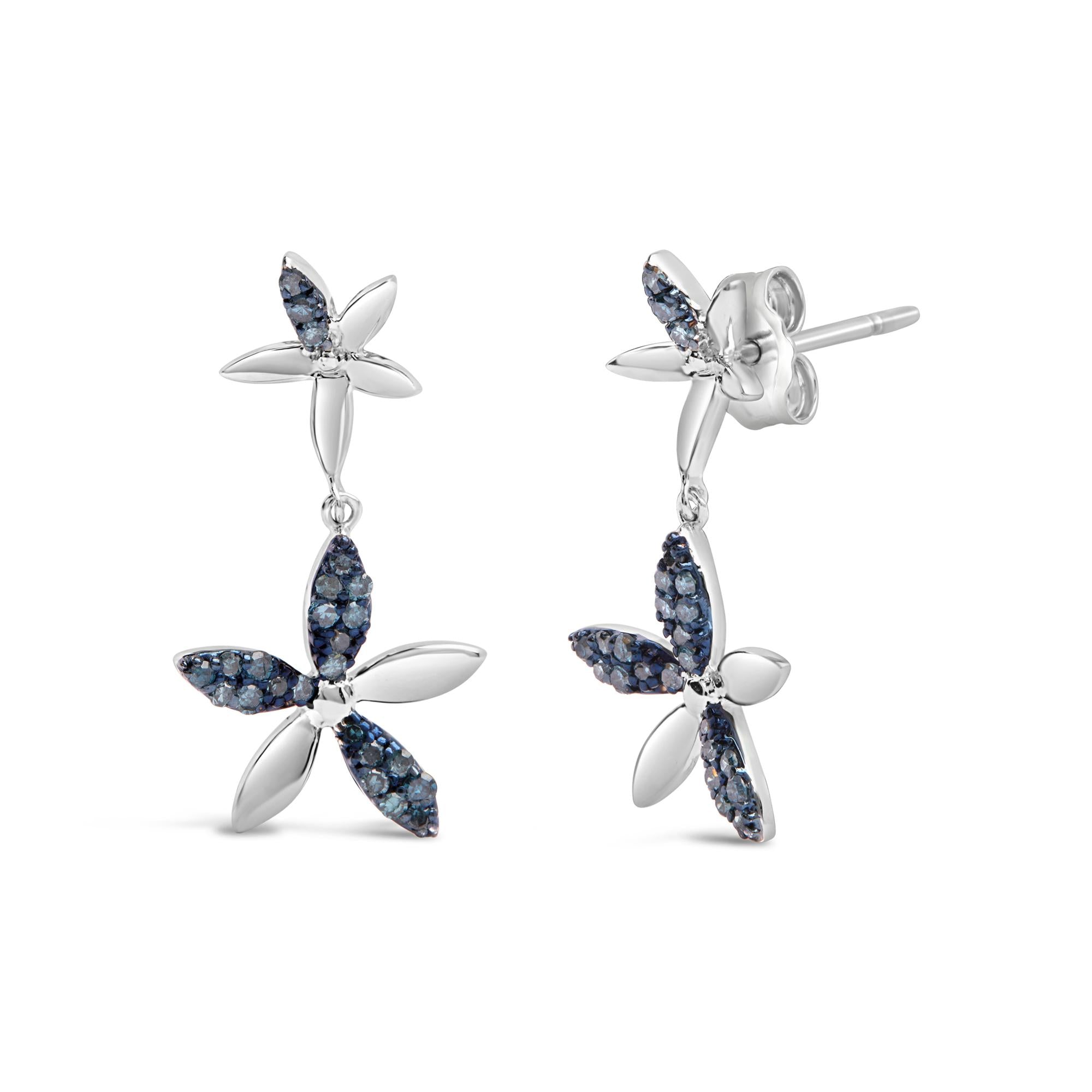 .925 Sterling Silver 1/5ct Cttw Blue Diamond Double Star Drop and Dangle Earrings (Blue Color, SI1-SI2 Clarity) - Friggin Jewelry