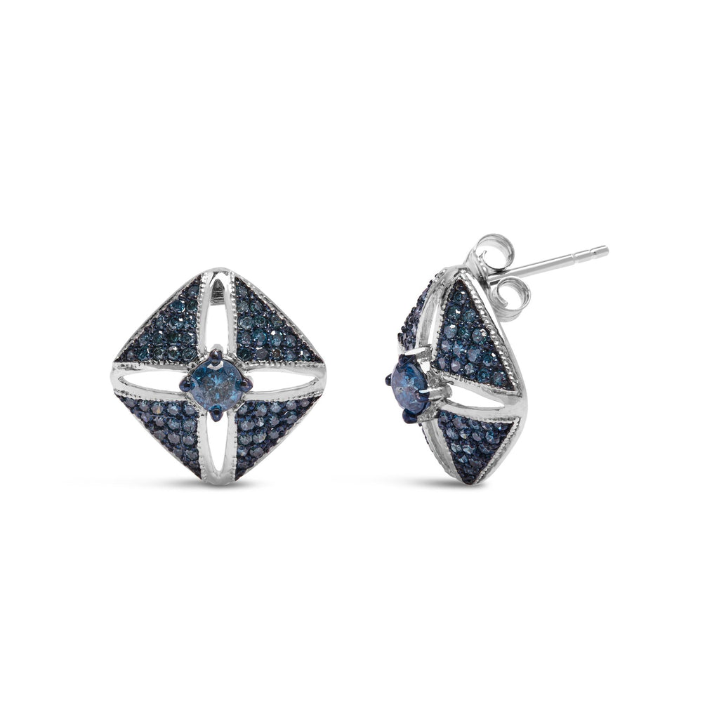 .925 Sterling Silver 1.0 Cttw Blue Diamond Studded Rhombus Stud Earring (Blue Color, I2-I3 Clarity) - Friggin Jewelry