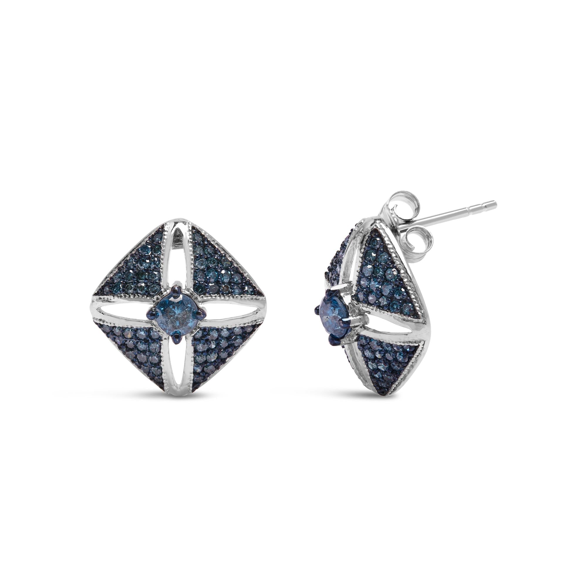 .925 Sterling Silver 1.0 Cttw Blue Diamond Studded Rhombus Stud Earring (Blue Color, I2-I3 Clarity) - Friggin Jewelry