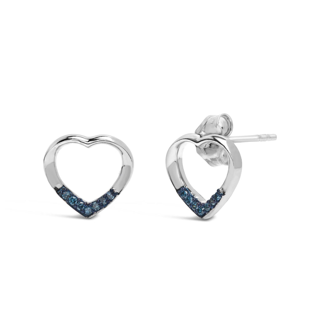 Pendientes de botón de corazón abierto con detalles de diamantes azules en plata de ley 925 (color azul, claridad SI1-SI2) - Friggin Jewelry