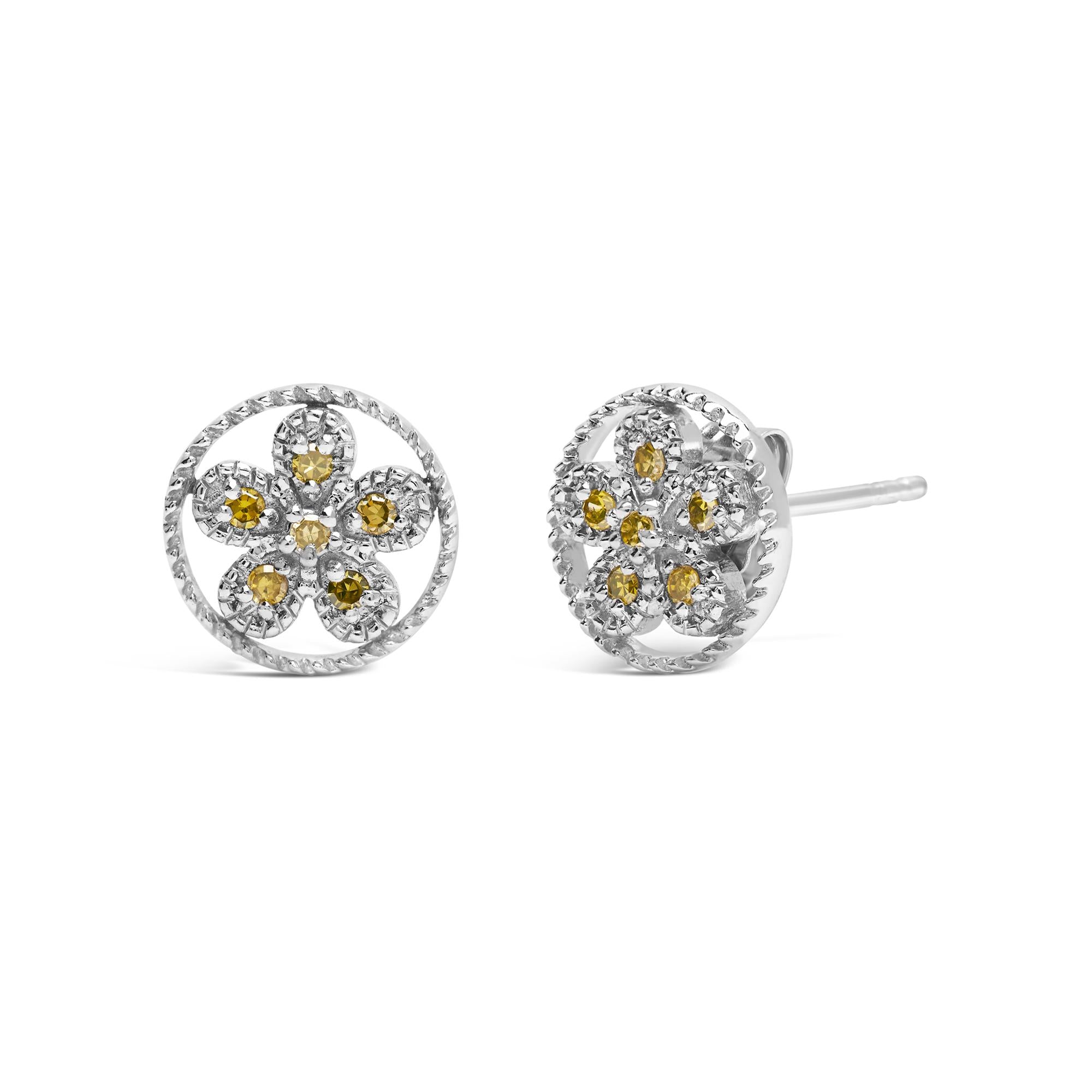 Aretes de plata de ley 925 con detalle de diamante amarillo, estilo milgrain, estrella y rueda (color amarillo, claridad I2-I3) - Friggin Jewelry