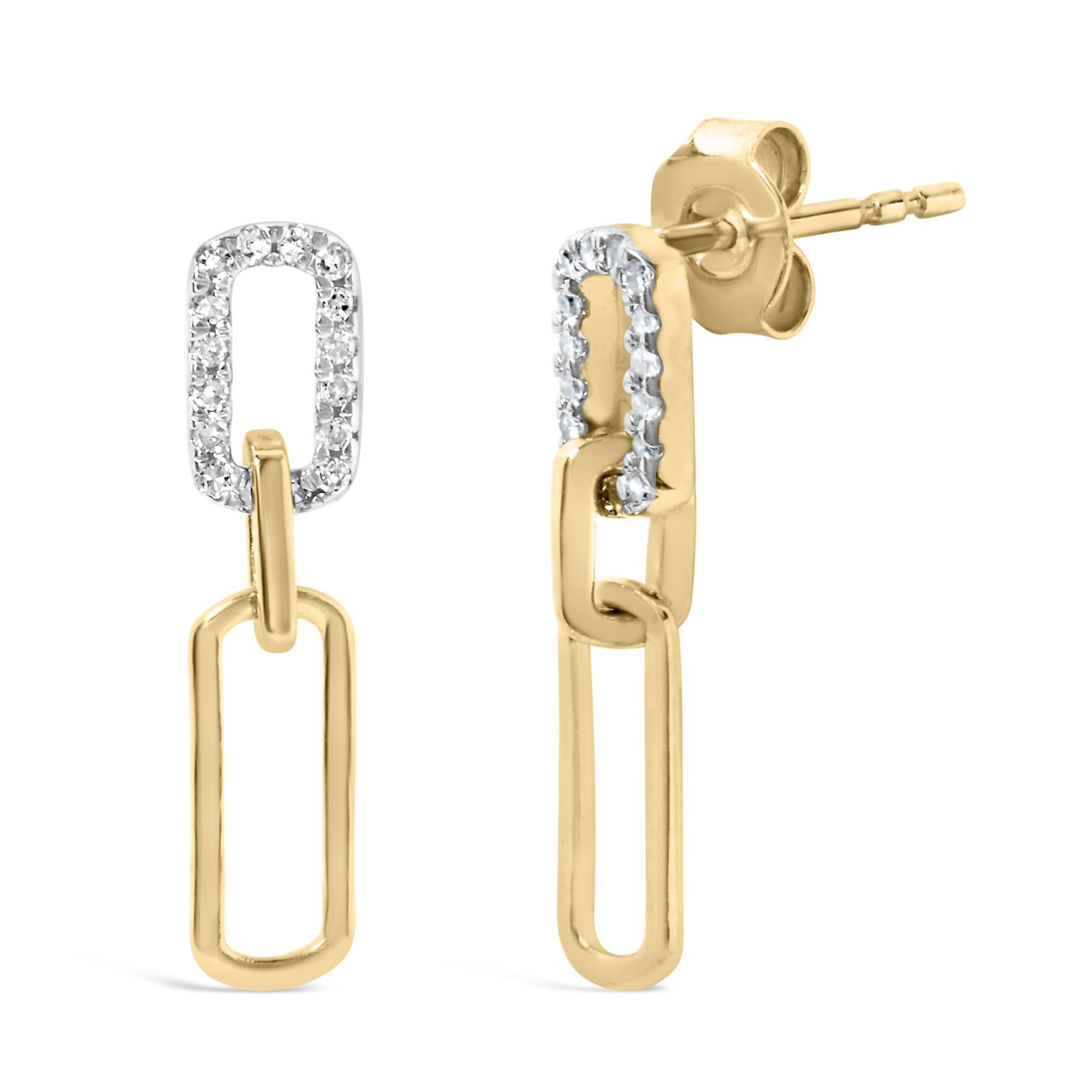 14K Yellow Gold 1/10 Cttw Diamond Studded Paperclip Drop and Dangle Earrings (I-J Color, SI1-SI2 Clarity) - Friggin Jewelry