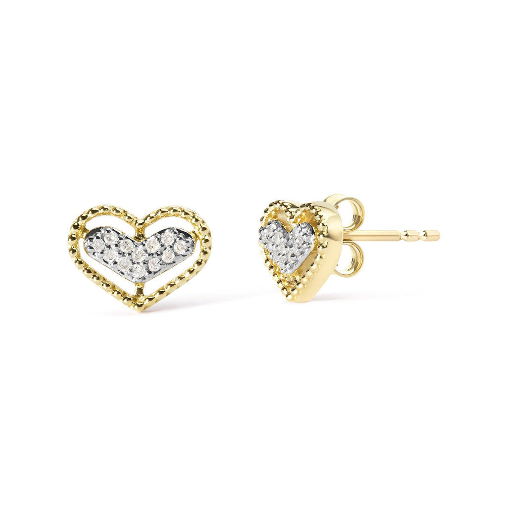 Aretes de oro amarillo de 10 quilates con halo de diamantes de 1/10 quilates y corazón (color IJ, claridad I1-I2) - Friggin Jewelry