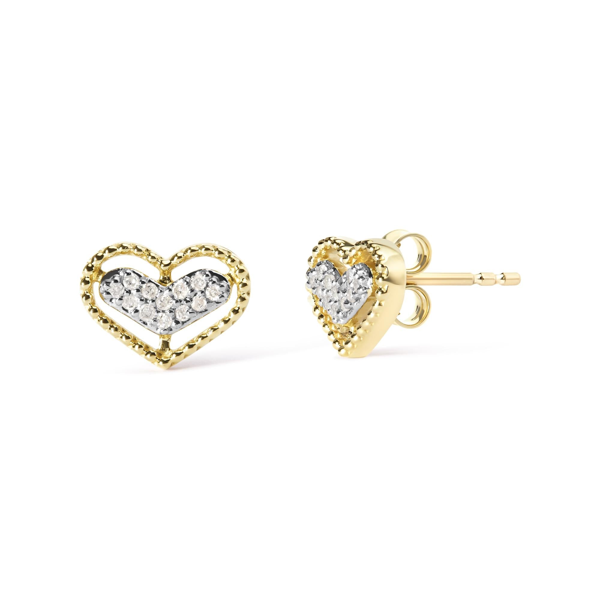 10K Yellow Gold 1/10 Cttw Diamond Heart and Beaded Halo Stud Earrings (I-J Color, I1-I2 Clarity) - Friggin Jewelry