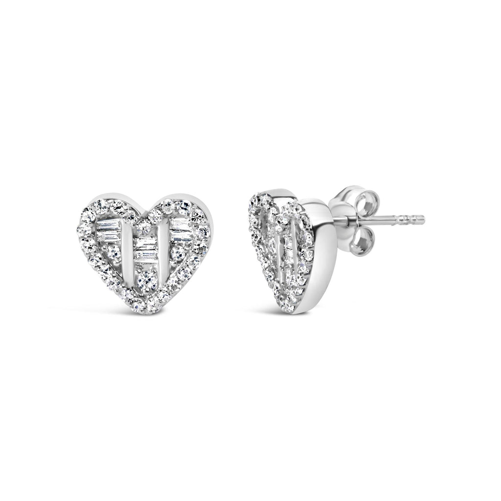 .925 Sterling Silver 1/2 Cttw Round and Baguette Diamond Composite Heart Shaped Stud Earring (I-J Color, SI2-I1 Clarity) - Friggin Jewelry