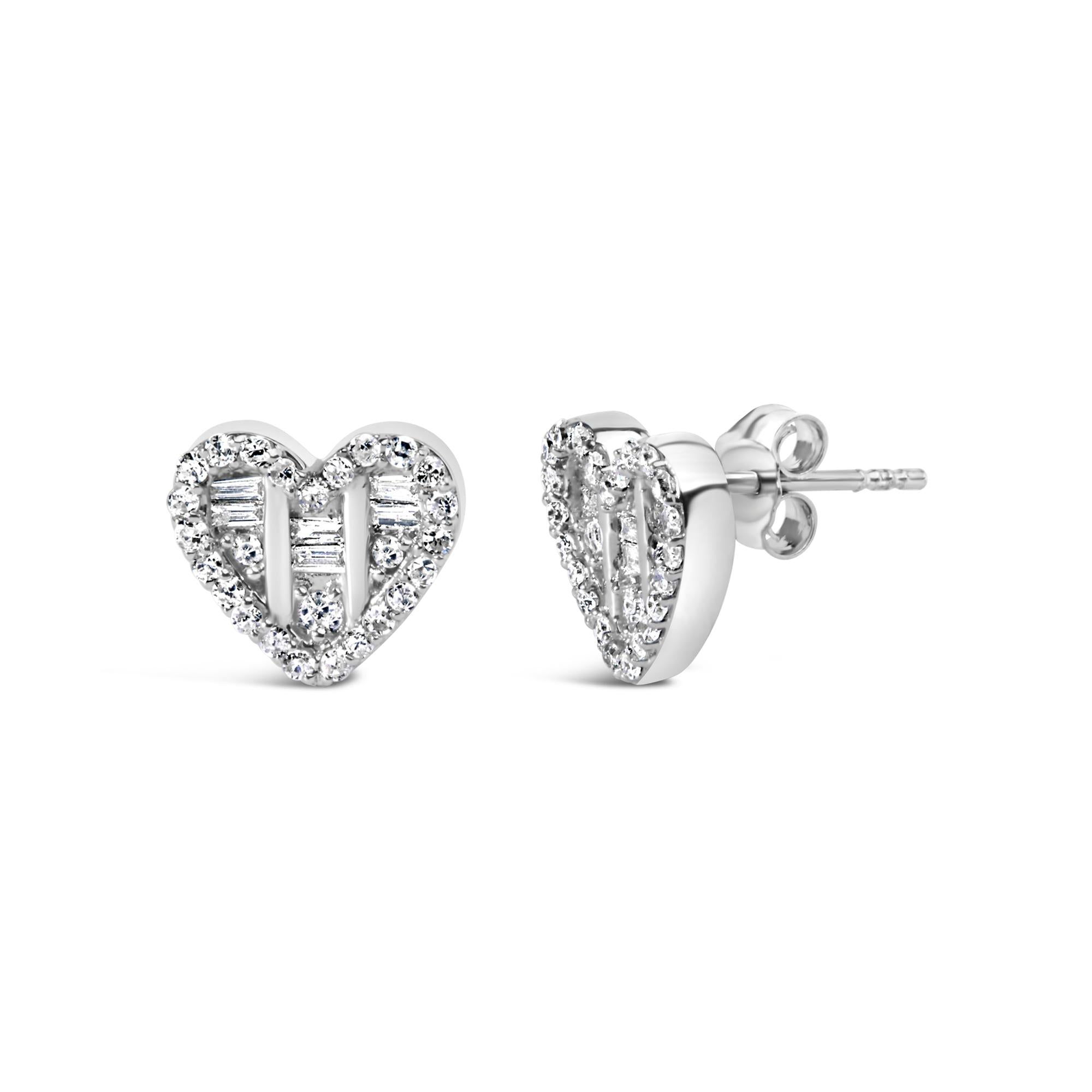 .925 Sterling Silver 1/2 Cttw Round and Baguette Diamond Composite Heart Shaped Stud Earring (I-J Color, SI2-I1 Clarity) - Friggin Jewelry