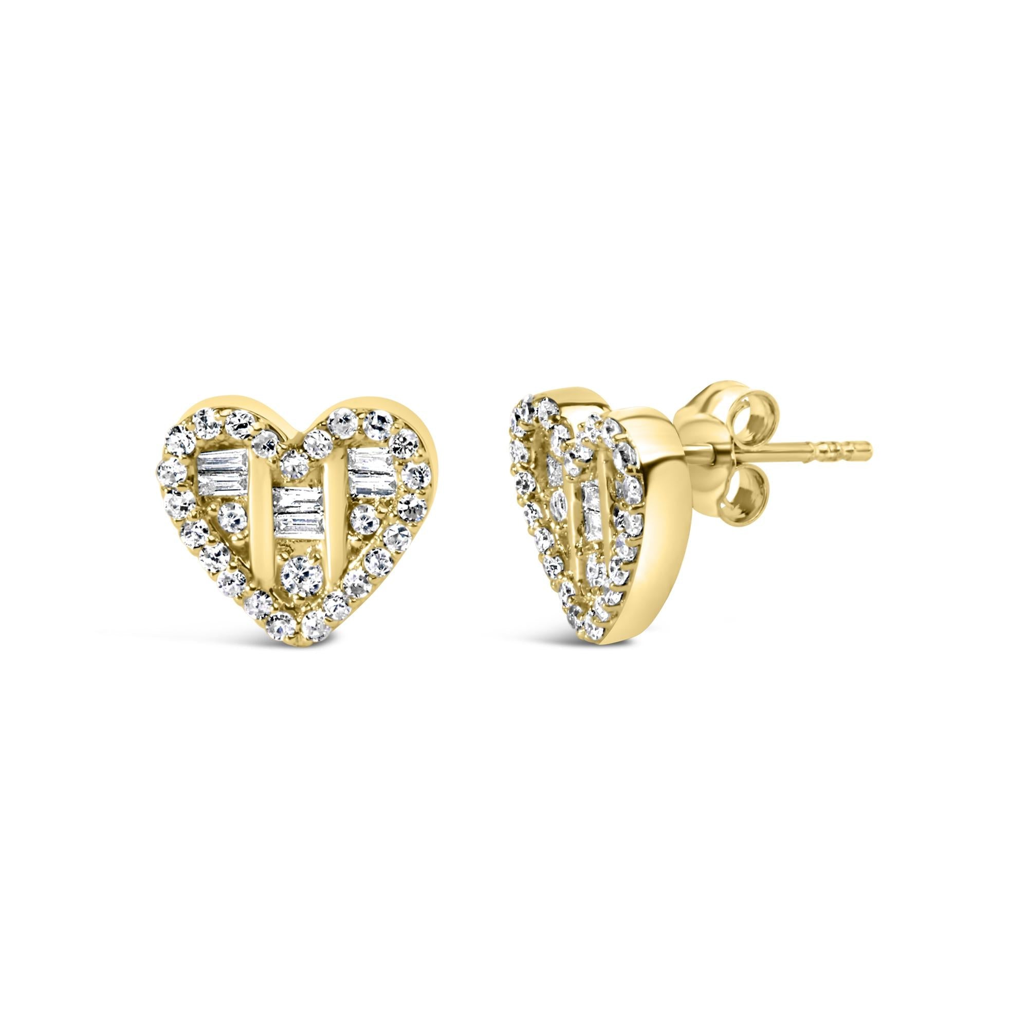 .925 Sterling Silver 1/2 Cttw Round and Baguette Diamond Composite Heart Shaped Stud Earring (I-J Color, SI2-I1 Clarity) - Friggin Jewelry