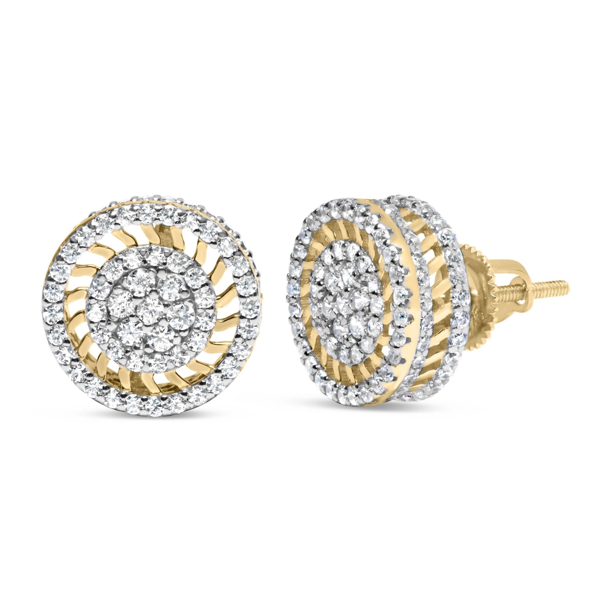 Orecchini a bottone in oro giallo 10 carati con diamanti Halo Radiant Sunburst da 1,00 ct (colore IJ, purezza I2-I3) - Friggin Jewelry